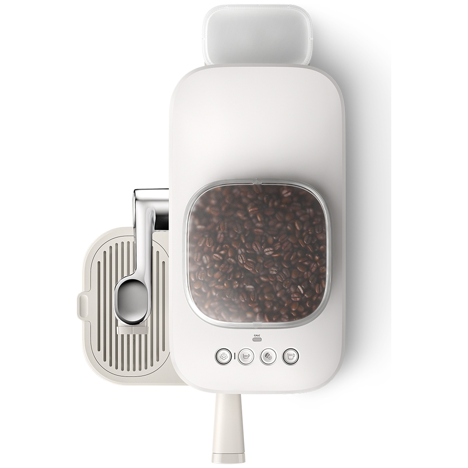 A top-down view of a white coffee machine with a glass hopper filled with coffee beans and control buttons.
