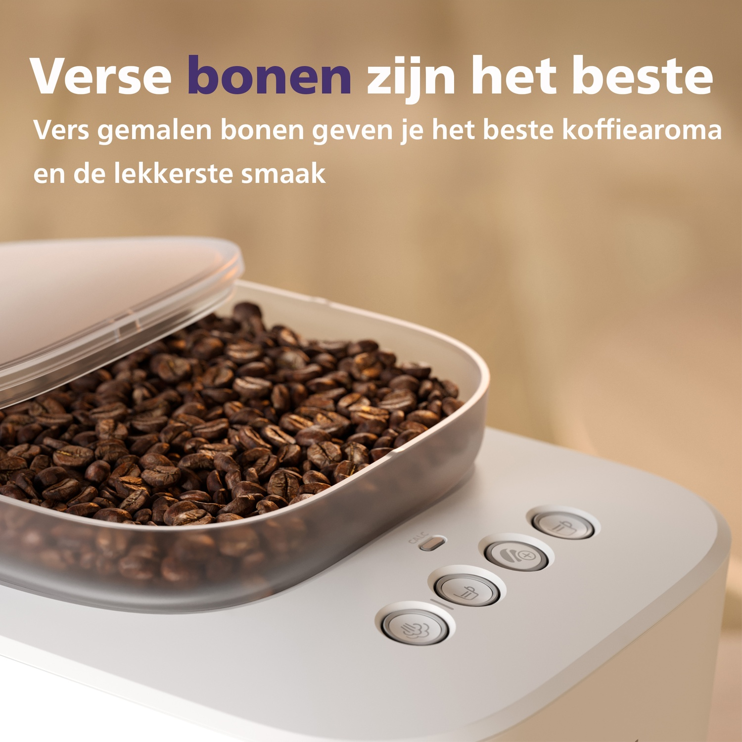 A coffee machine bean hopper filled with coffee beans, with Dutch text on top.