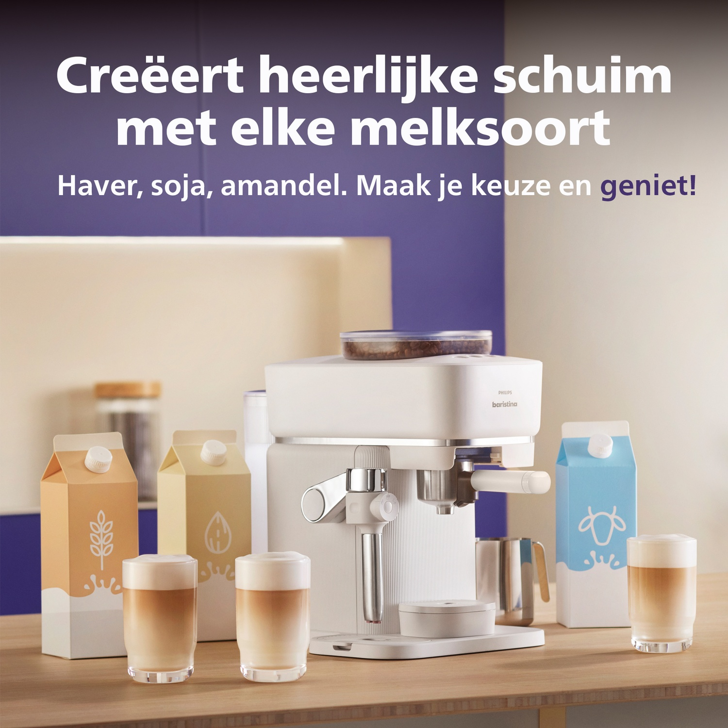 A white espresso machine sits on a wooden counter with various milk cartons and glasses of coffee with foamy tops.