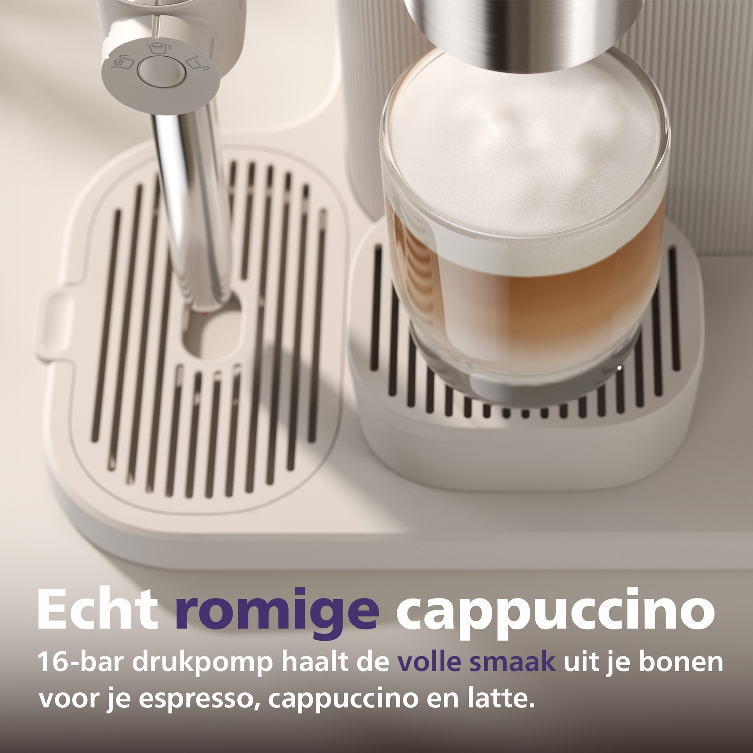 A coffee machine with a cappuccino glass on the drip tray and text at the bottom.