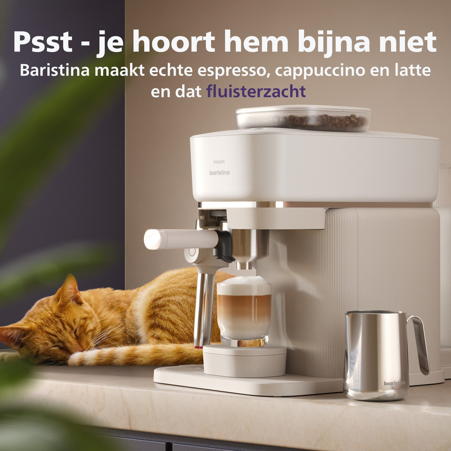 A white Philips Baristina coffee machine sits next to a sleeping orange cat, with Dutch promotional text above.