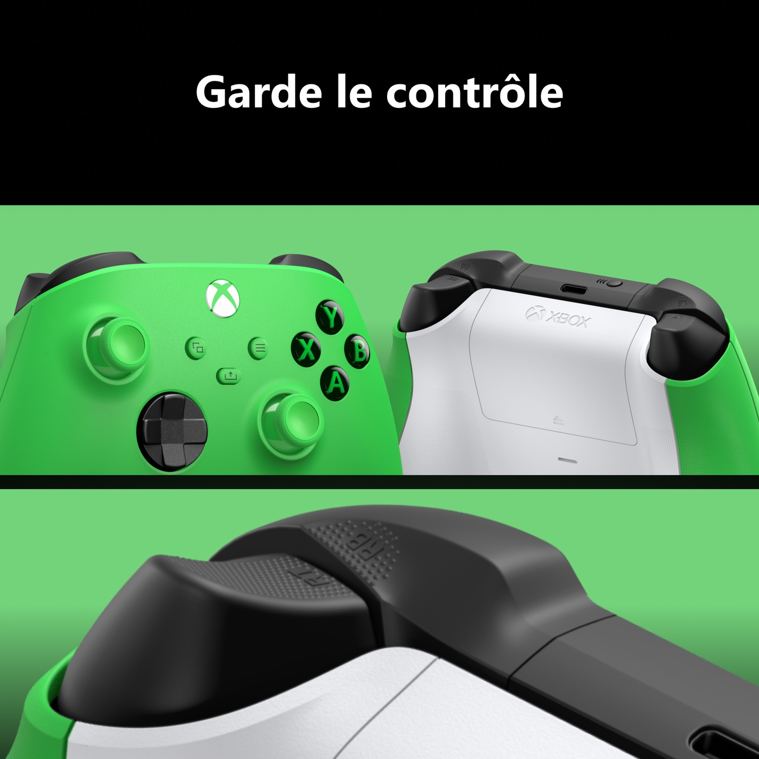 Manette Xbox verte avec le texte Garde le contrôle en haut et gros plans.