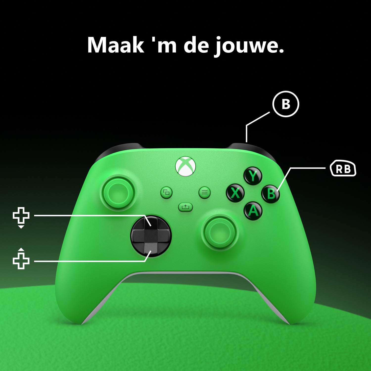 Green Xbox controller with labeled buttons against a dark background.