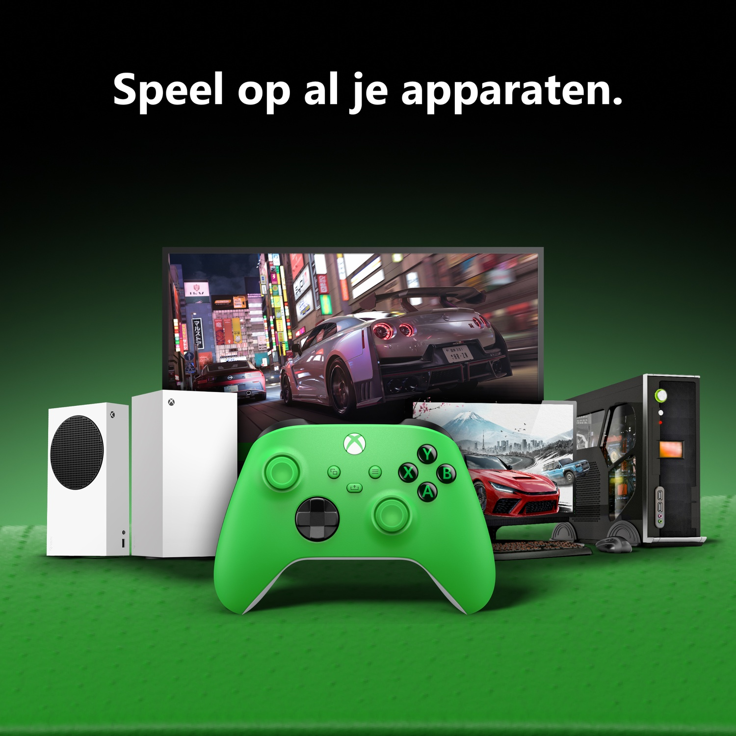 Green Xbox controller in front of various gaming devices and consoles on green background.