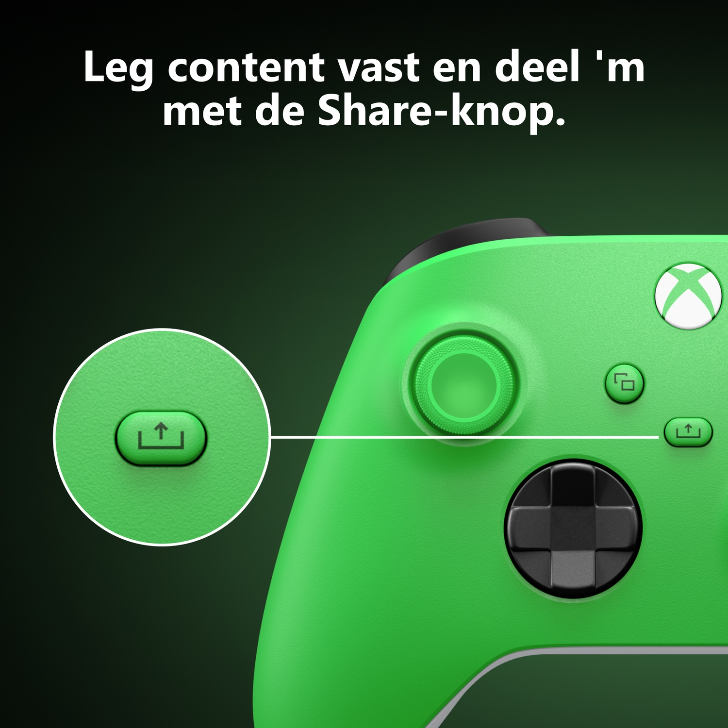 Green Xbox controller showing a close-up of the share button with text above.