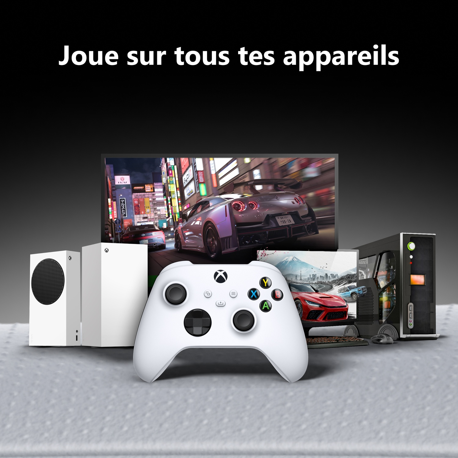 Manette Xbox, consoles, PC et écrans affichent des jeux de course sur fond noir avec du texte en français.