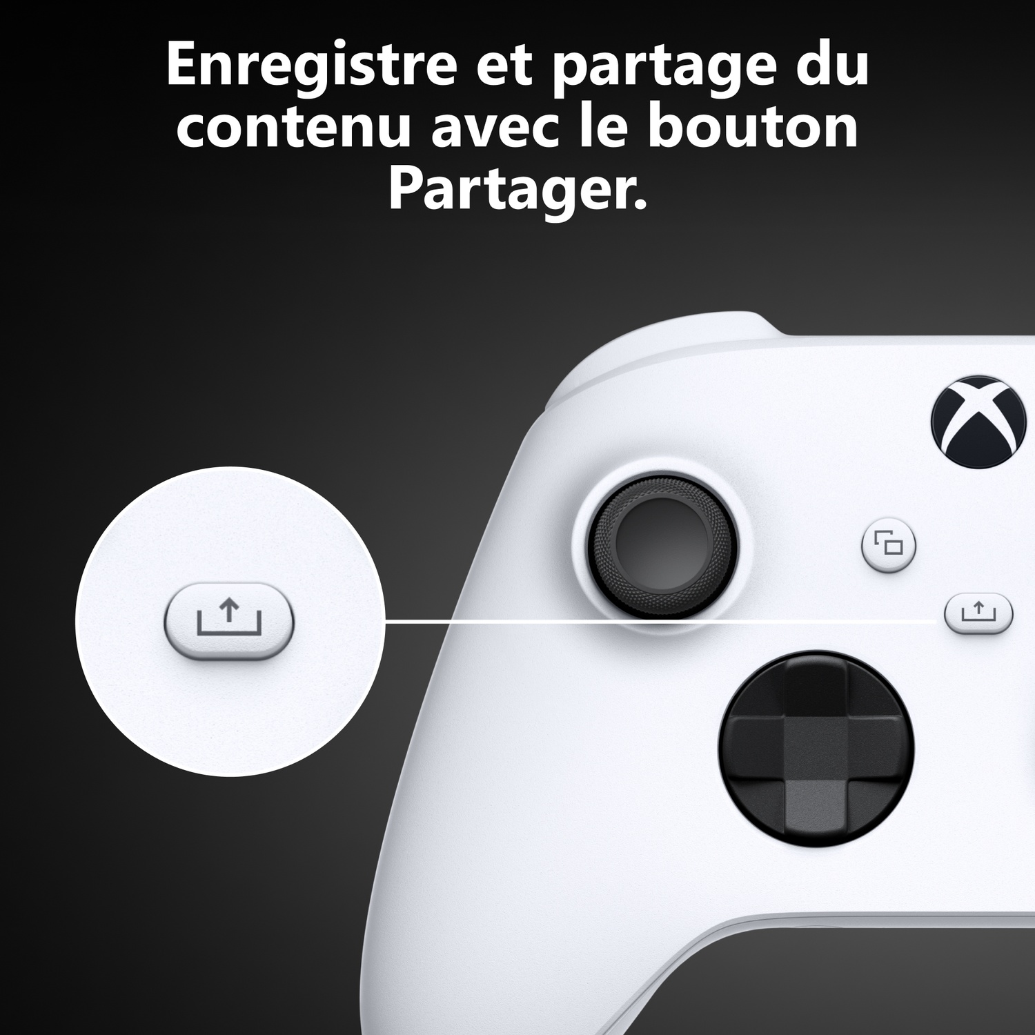 Gros plan d'une manette Xbox blanche mettant en valeur le bouton de partage.