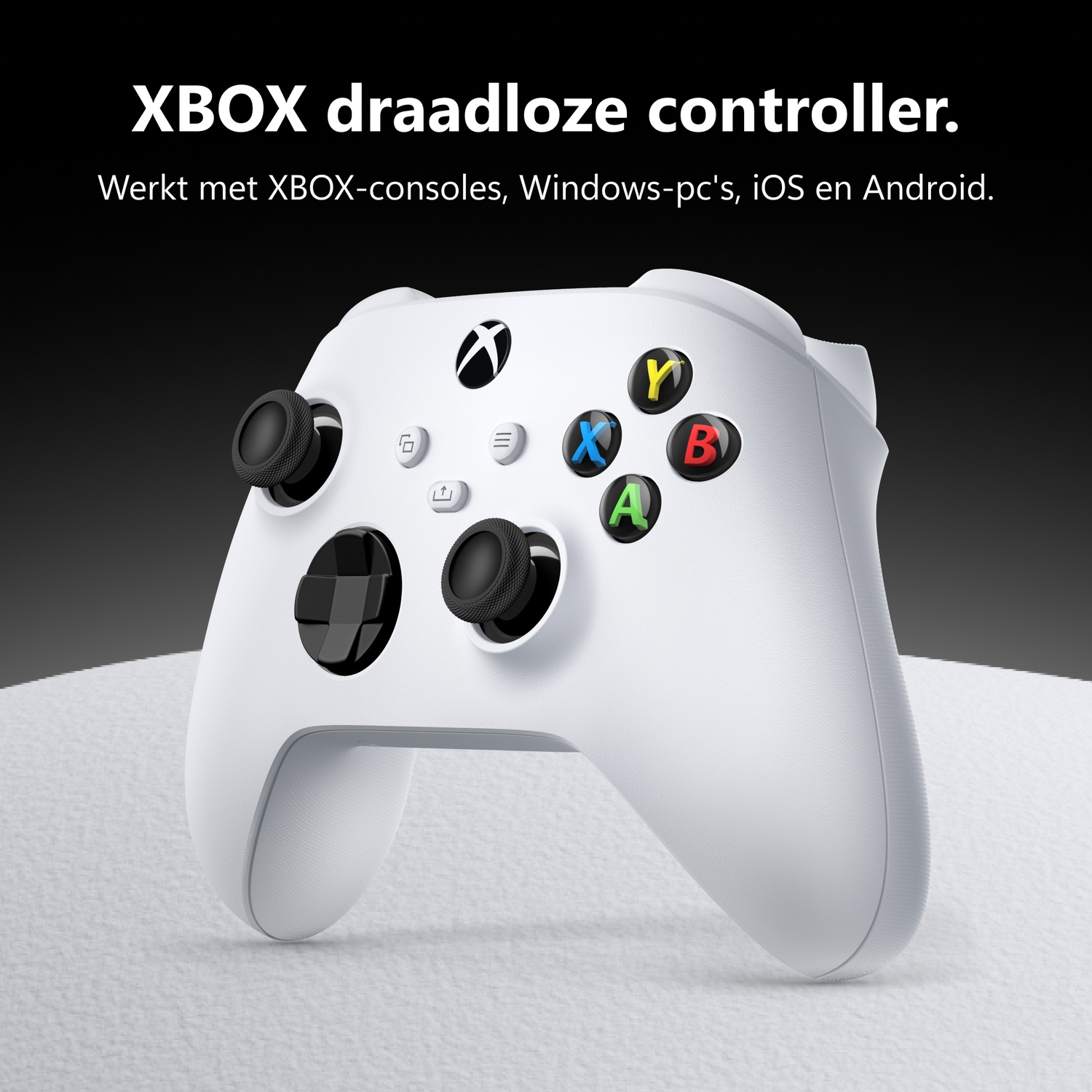 A white Xbox wireless controller rests on a white surface against a dark background with text.