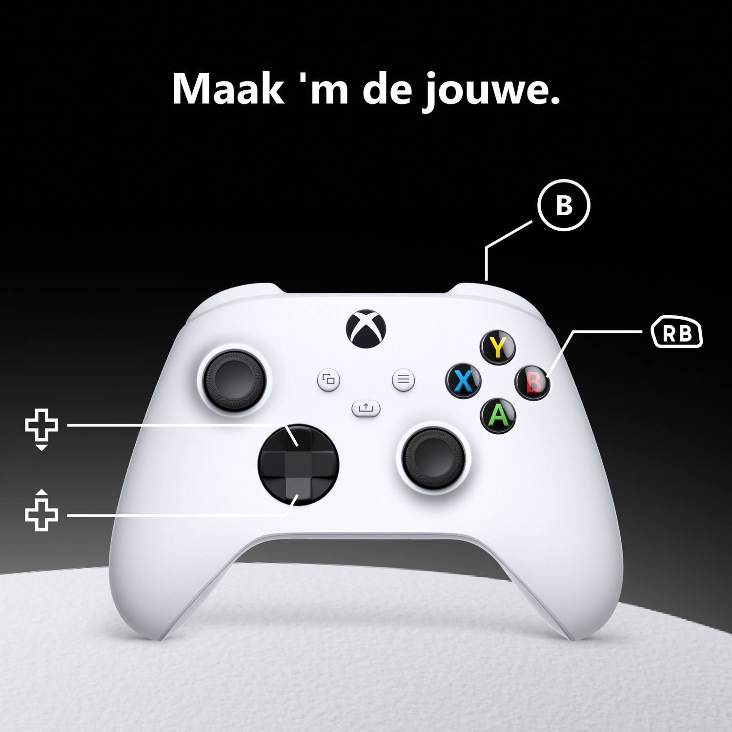 A white Xbox controller against a black background with diagram lines labeling buttons like B, RB, and the D-pad.