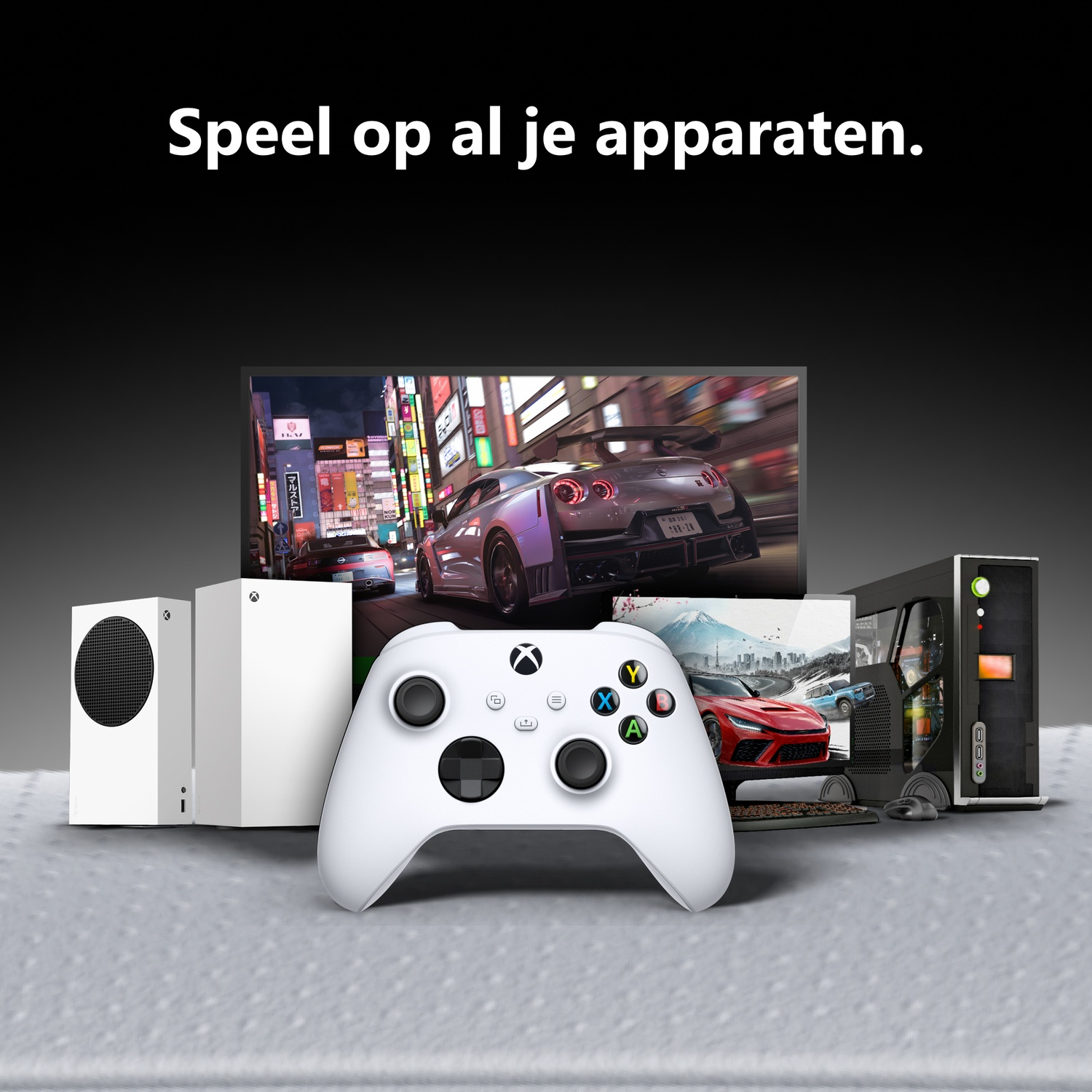 Various Xbox consoles, controllers, and screens displaying racing games against a black background.
