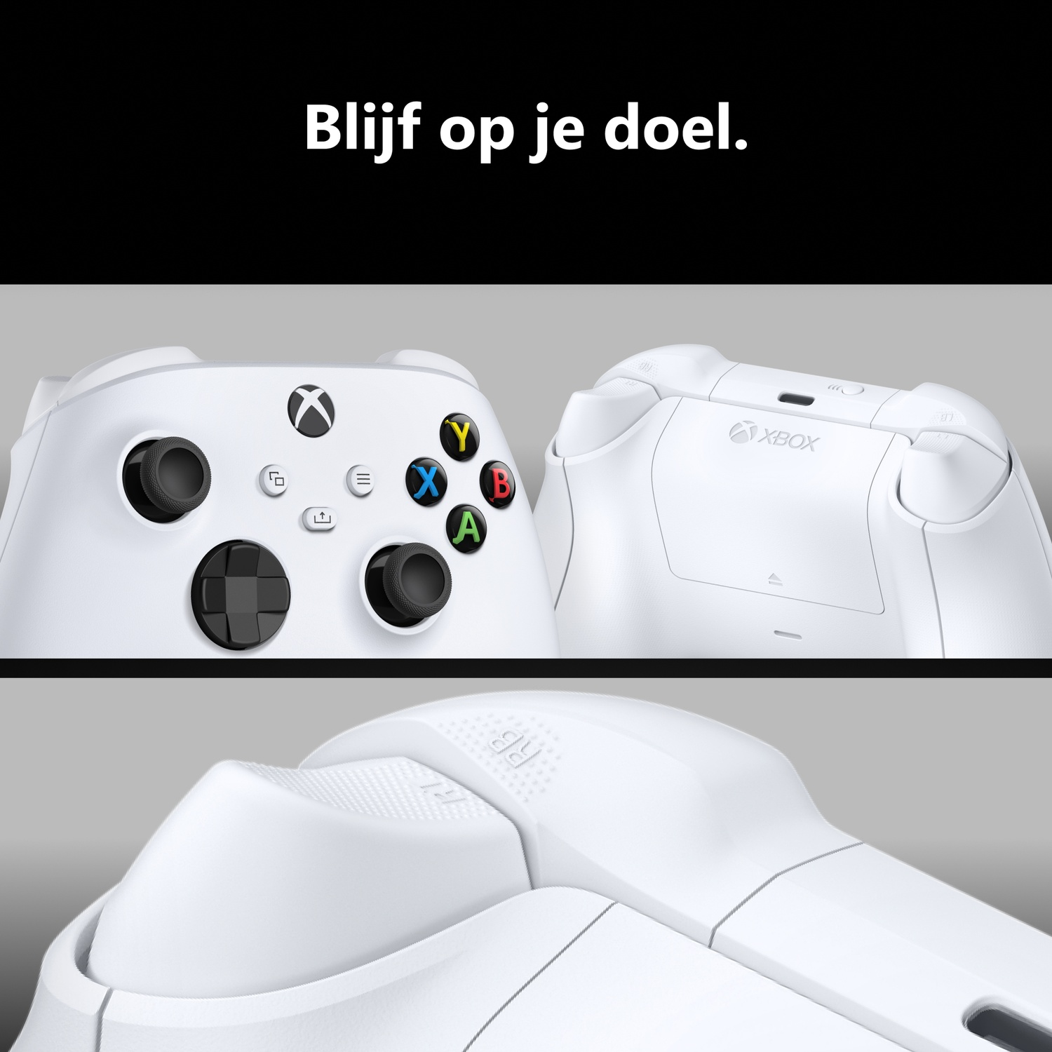 Three views of a white Xbox controller with black text at the top and a gray background.