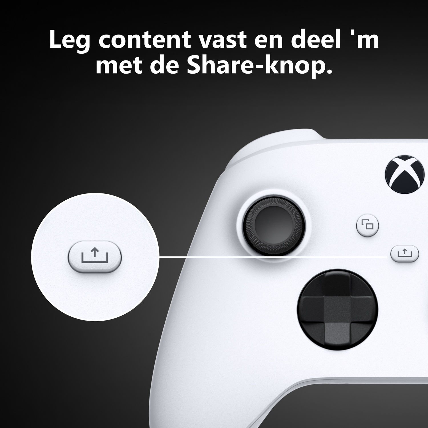 A white Xbox controller featuring a close-up of the share button and Dutch text above.