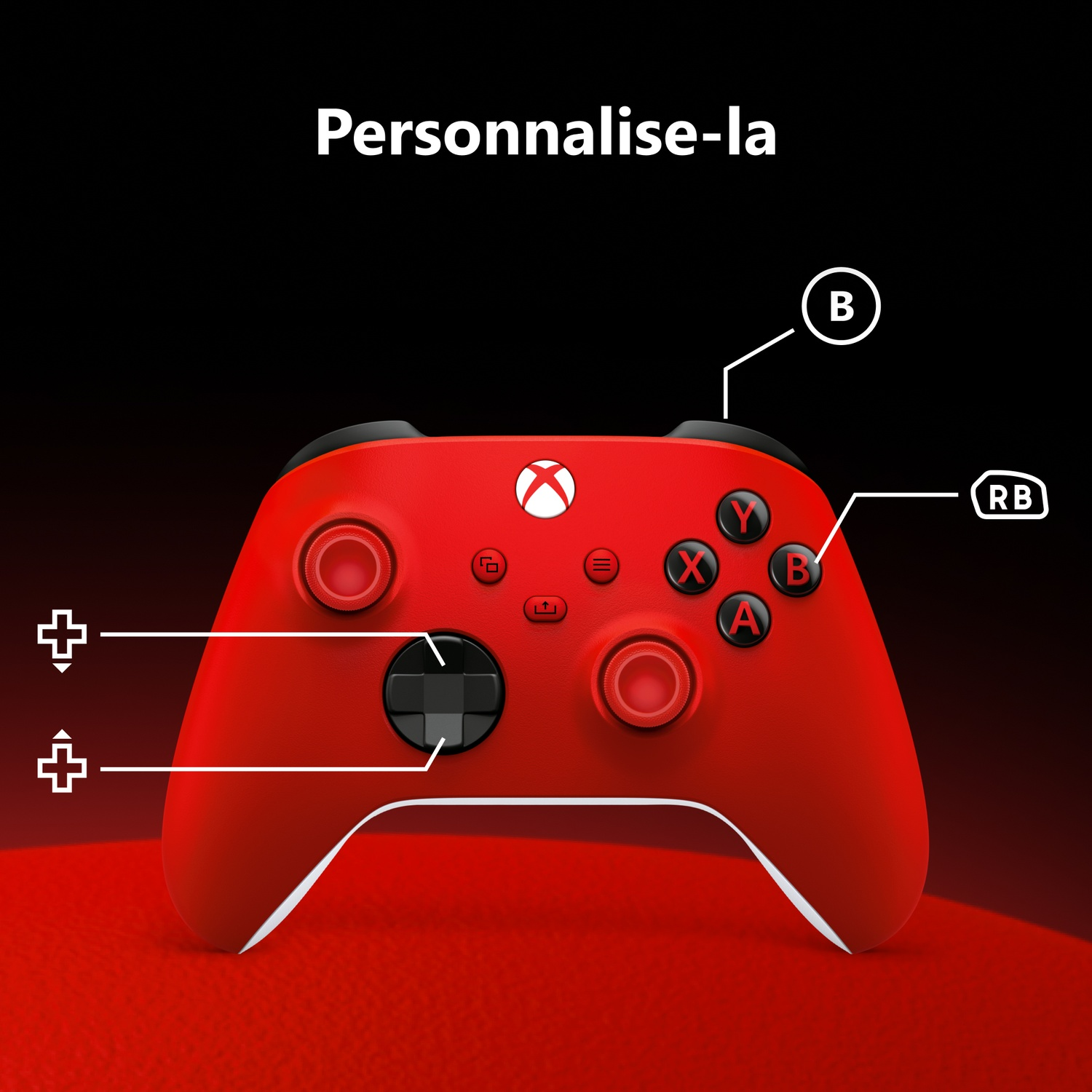 Manette Xbox rouge avec des boutons étiquetés sur fond rouge et noir.