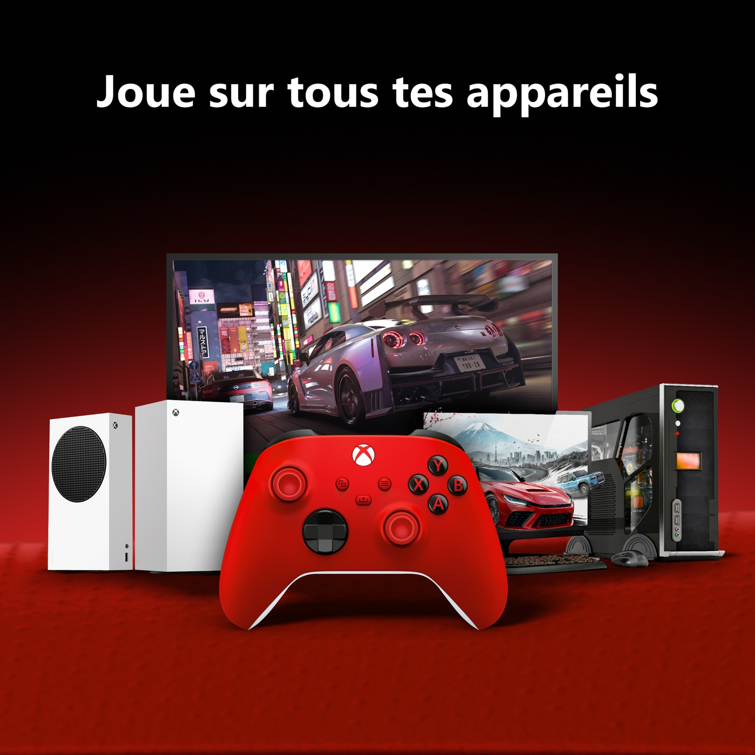 Une manette Xbox rouge, deux consoles, des écrans et un PC sur fond rouge avec du texte en français.