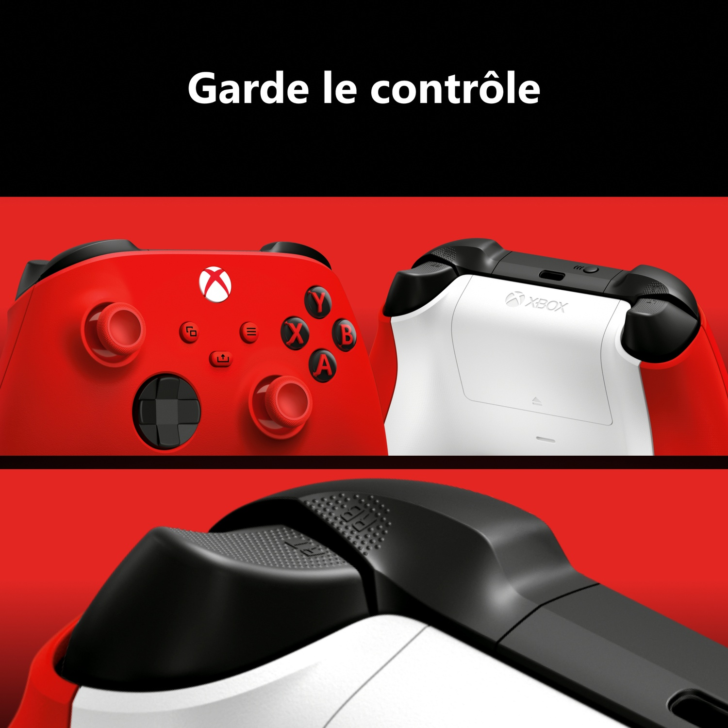 Manette sans fil Xbox rouge et blanche avec des boutons noirs et le texte Garde le controle.