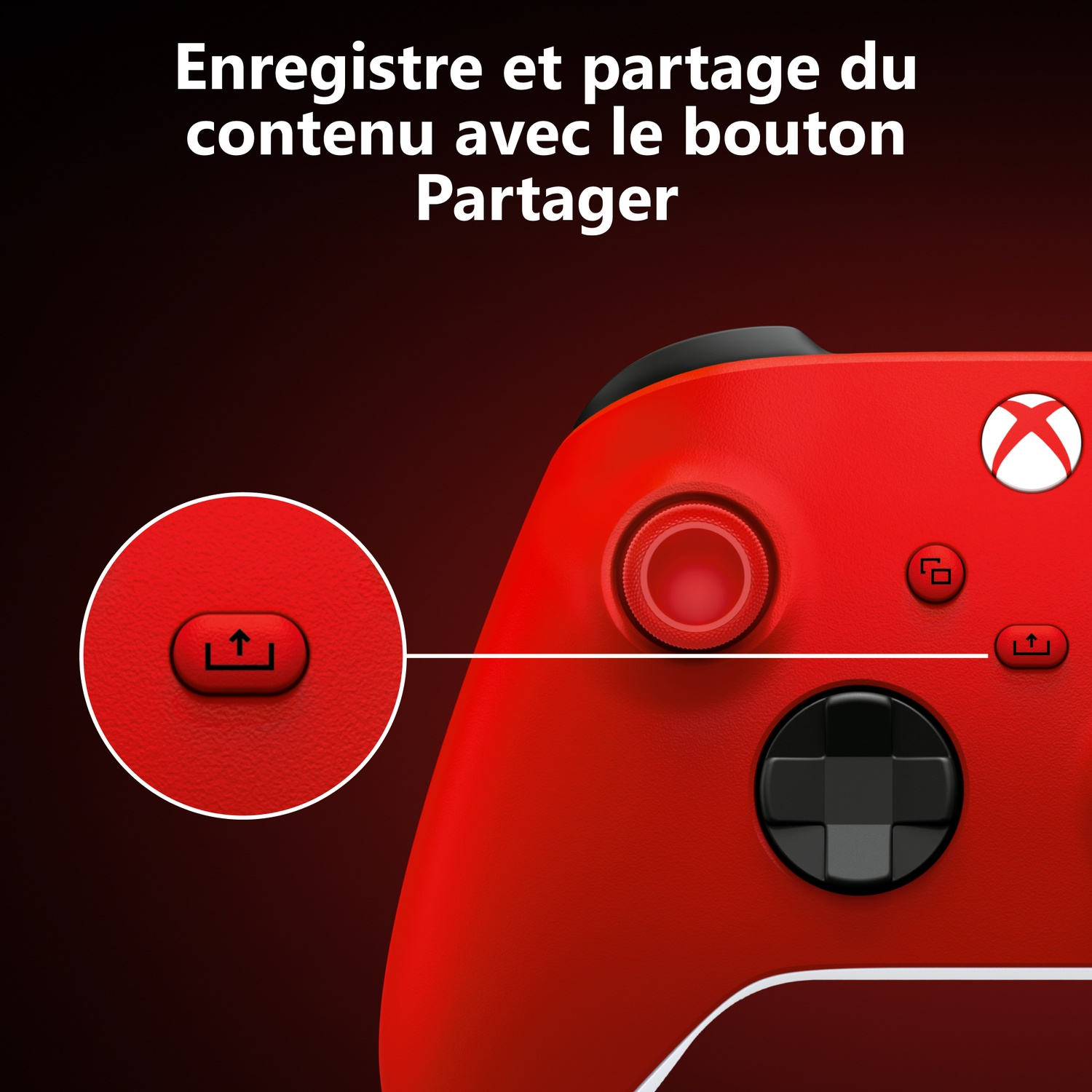 Une manette Xbox rouge met en valeur le bouton de partage avec un cercle zoomé et du texte.