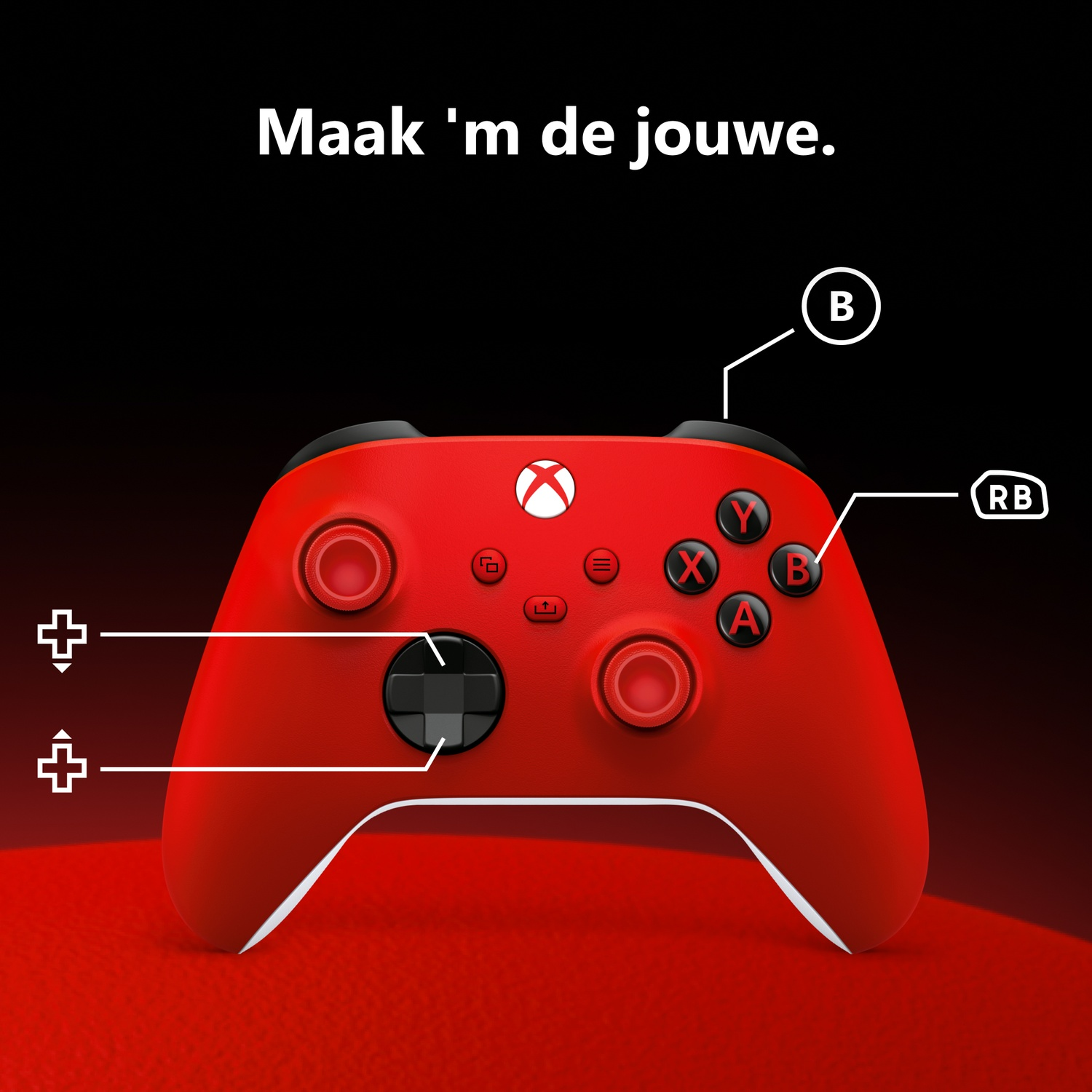 Een rode Xbox-controller met gelabelde knoppen op een rode achtergrond.