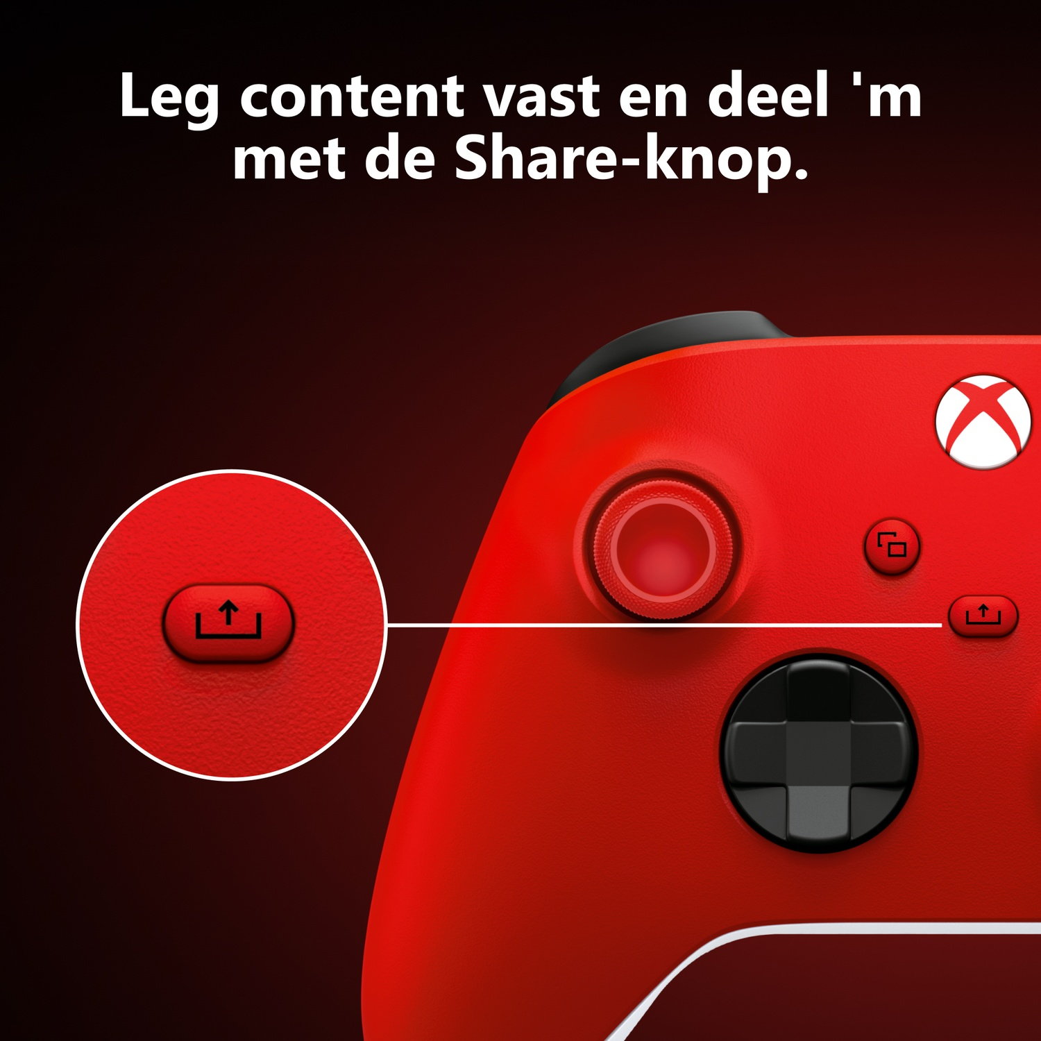 Close-up van een rode Xbox-controller die deshareknop markeert, met Nederlandse tekst.