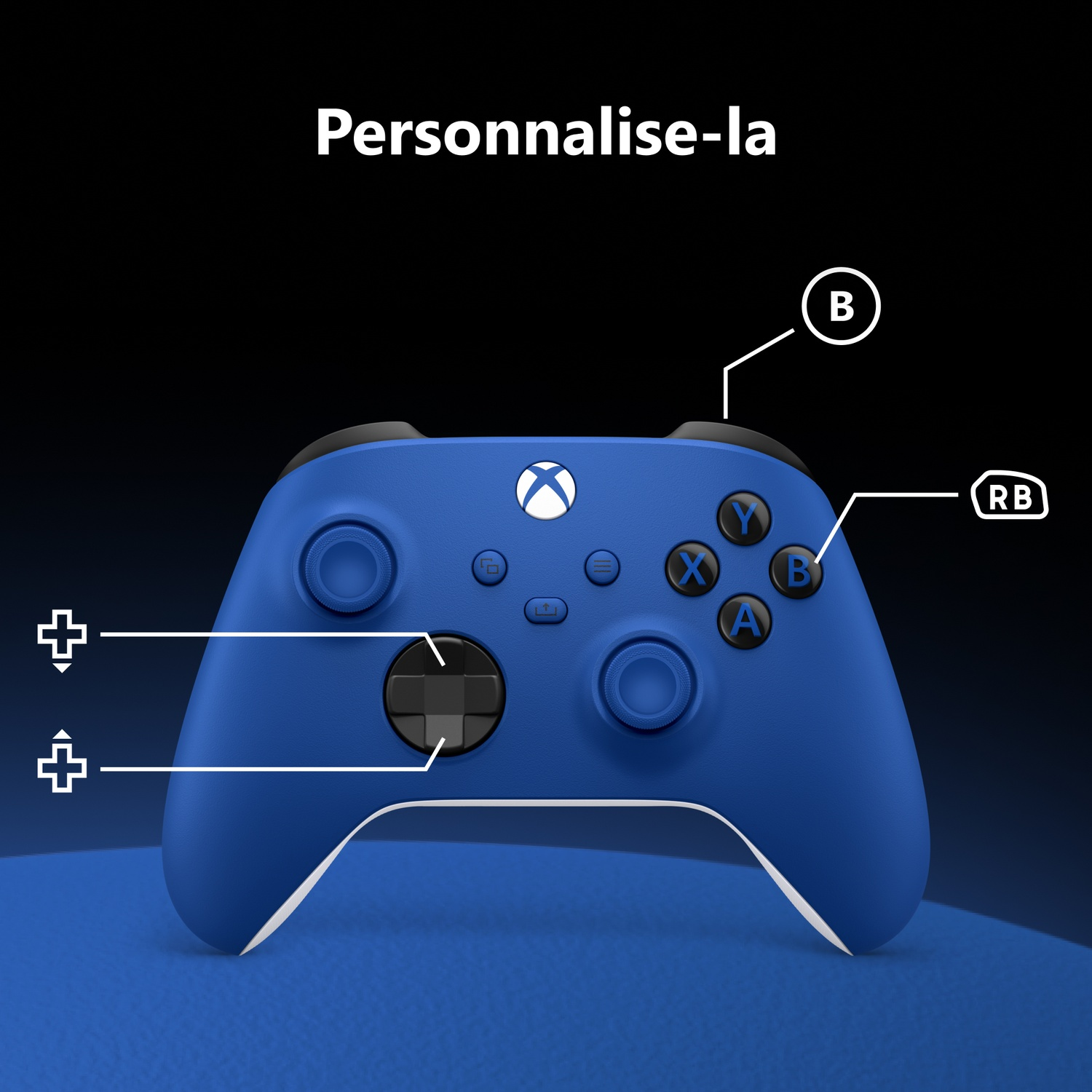 Une manette Xbox bleue avec des boutons étiquetés sur fond sombre.