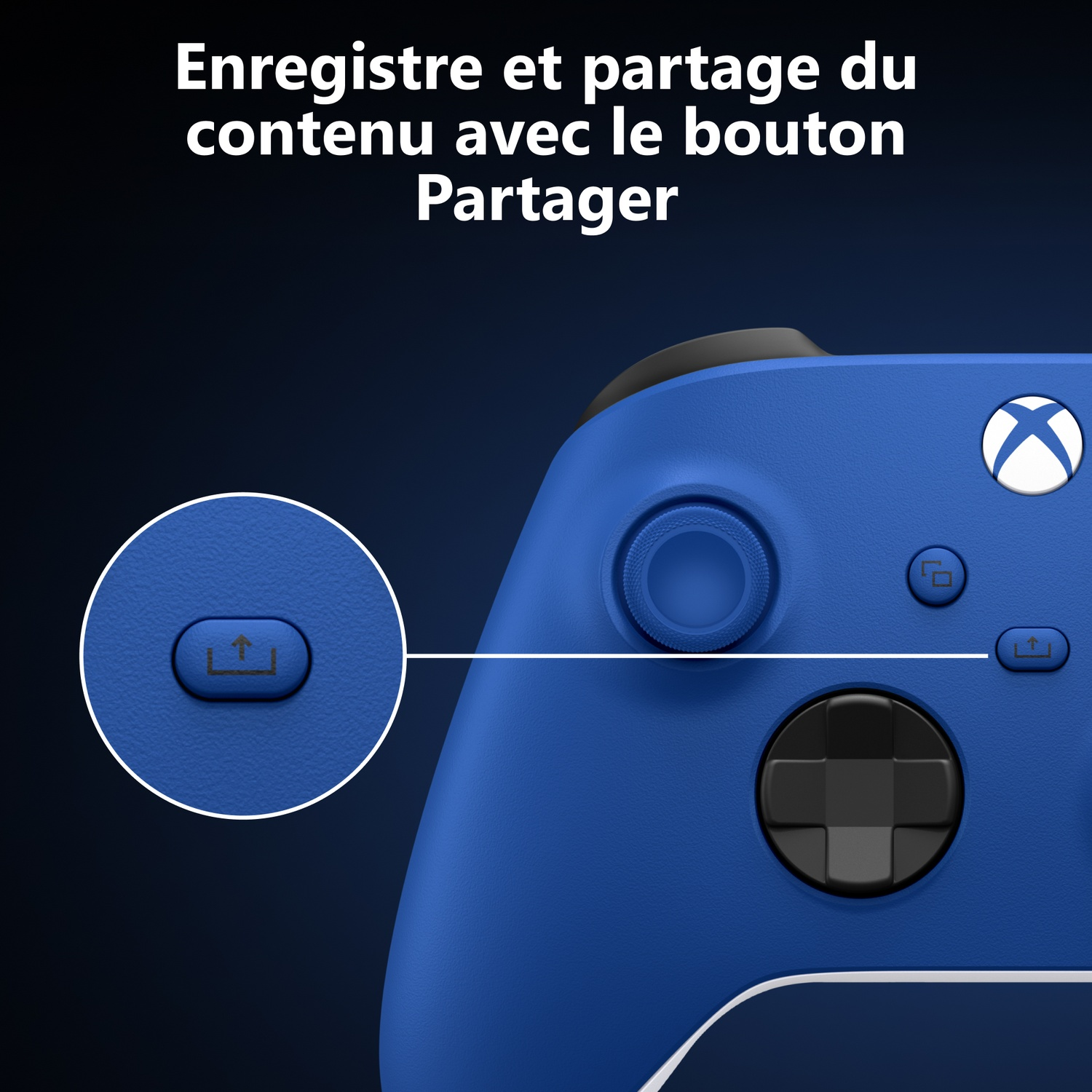 Une manette Xbox bleue avec un bouton de partage agrandi et du texte en français.