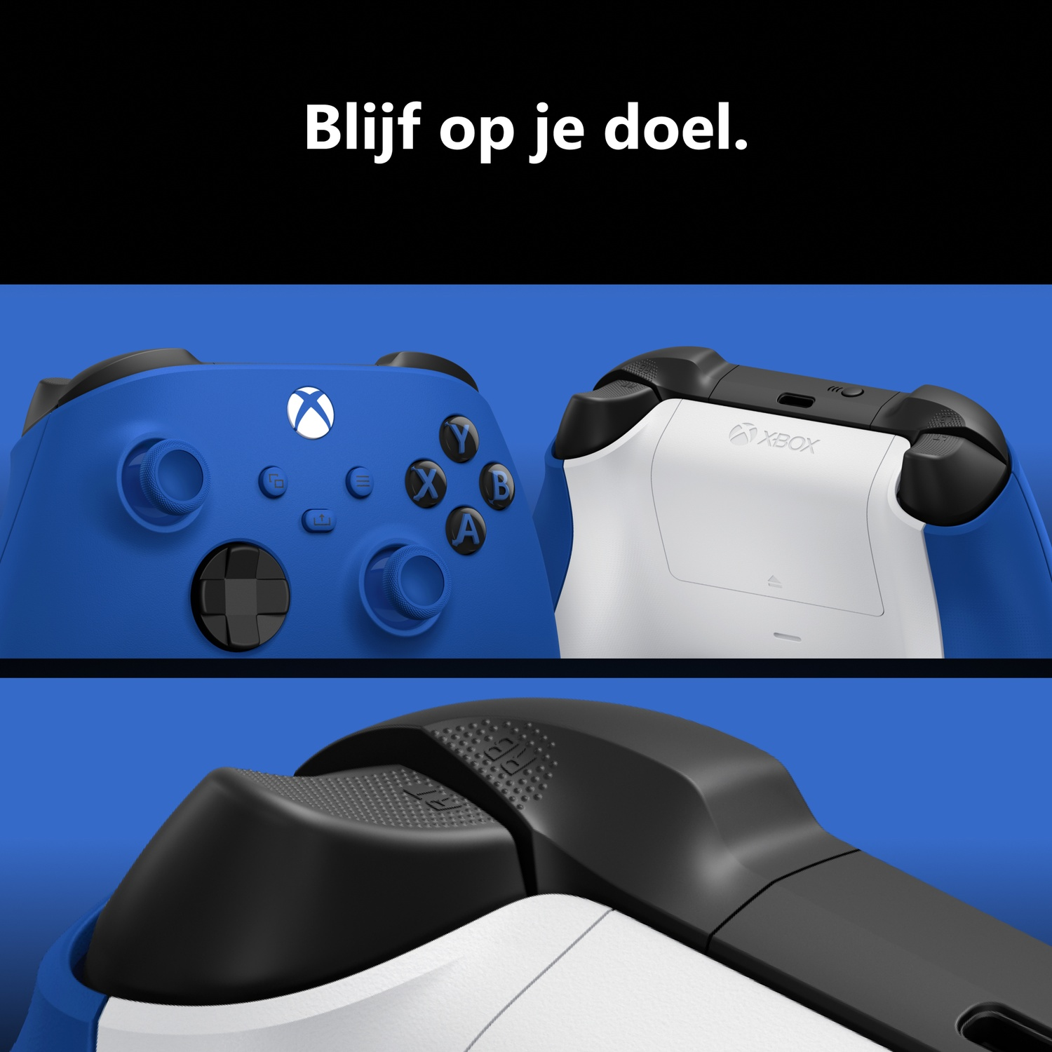 Blue and white Xbox controllers shown from different angles with text 'Blijf op je doel.'