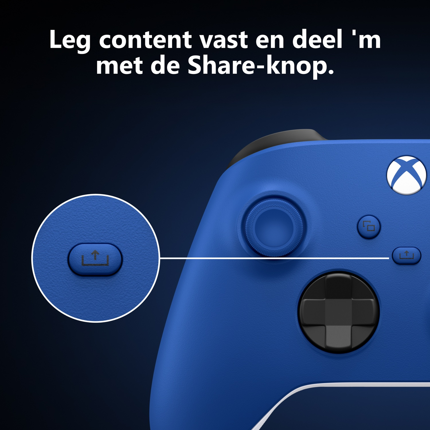 A blue Xbox controller featuring a close-up of the share button and text at the top in Dutch.