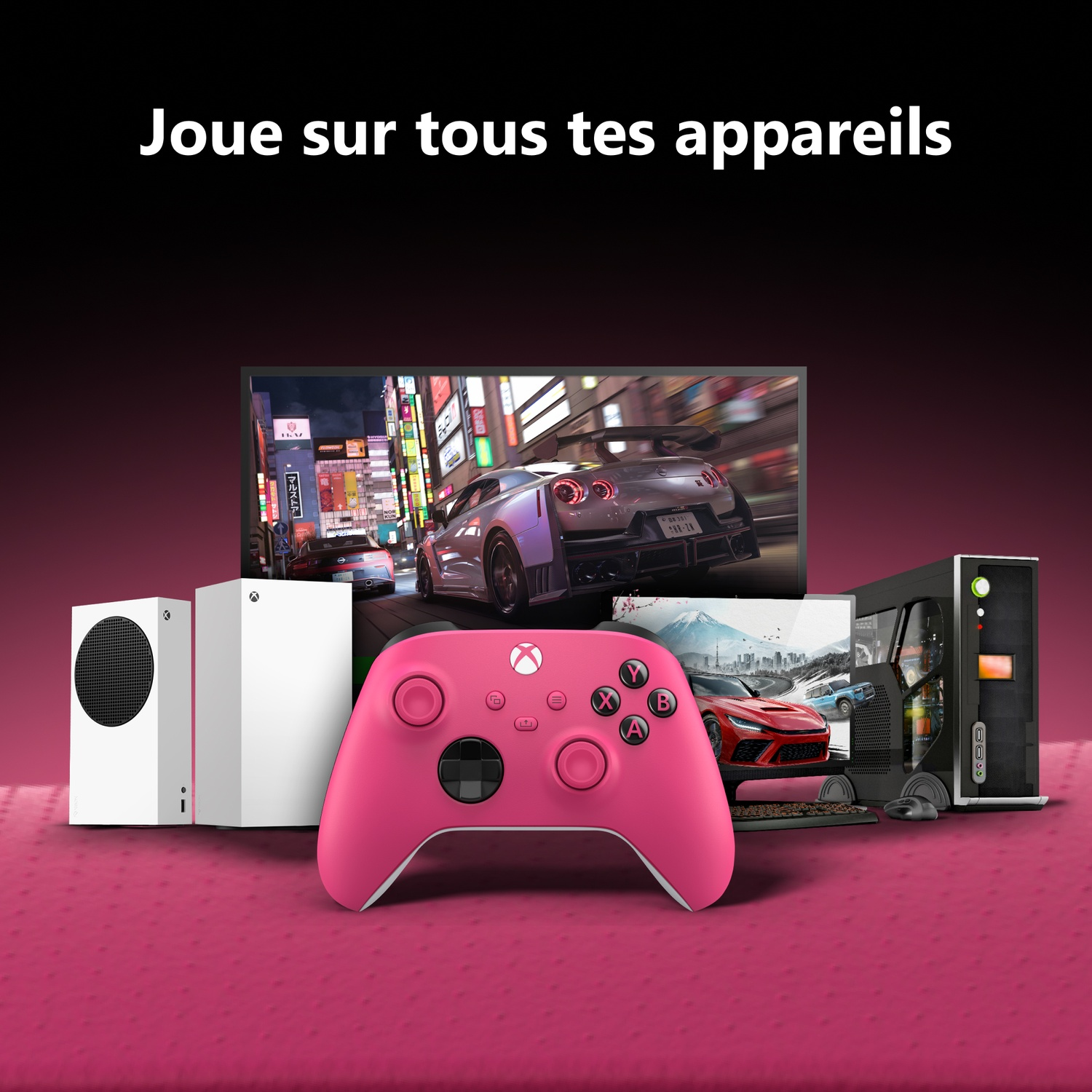 Une manette Xbox rose, des consoles, des écrans et un PC sur fond rose avec du texte en français.