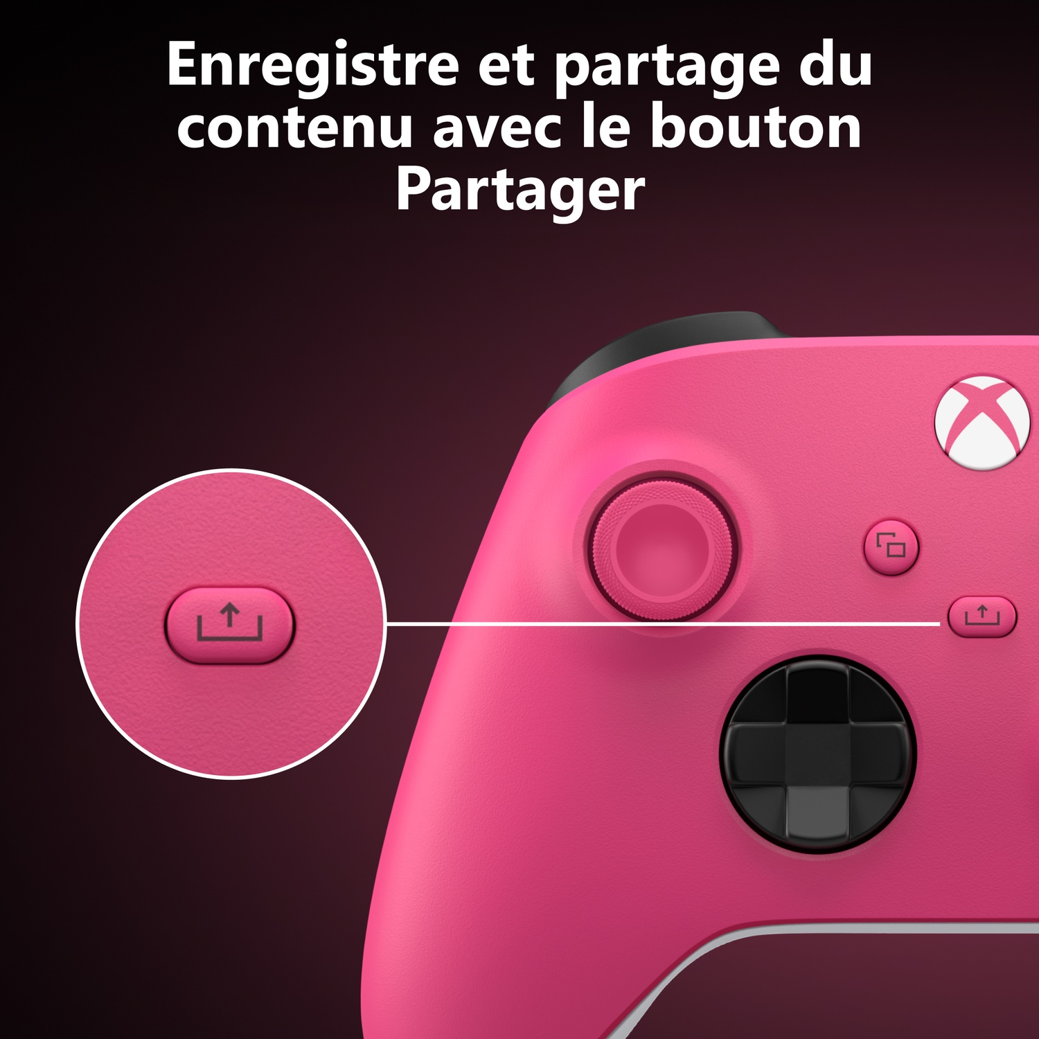 Manette Xbox rose mettant en valeur le bouton de partage avec du texte.