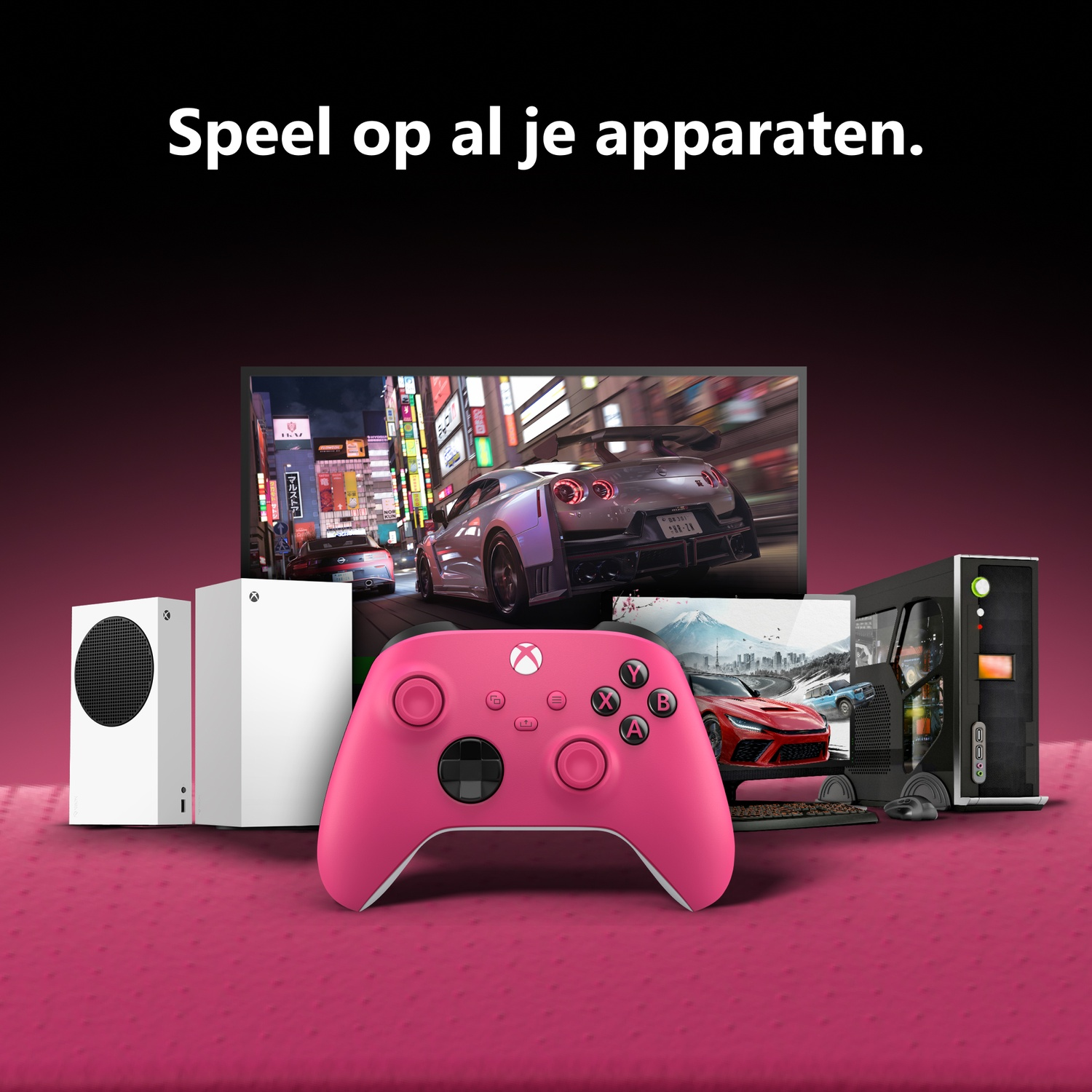 A pink Xbox controller with consoles and monitors on a red surface, with Dutch text "Speel op al je apparaten."