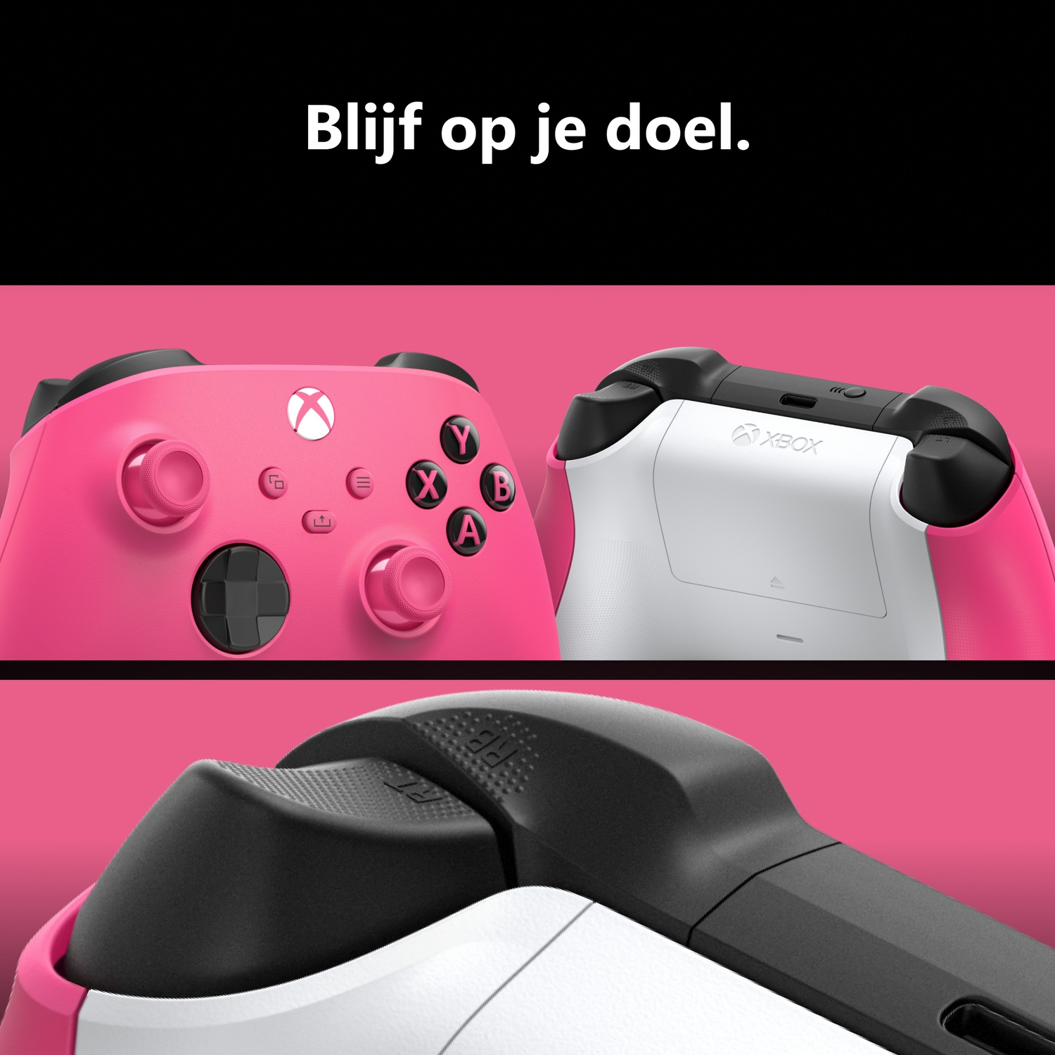 Three close-ups of a pink and white Xbox controller with black text Blijf op je doel above on a black background.