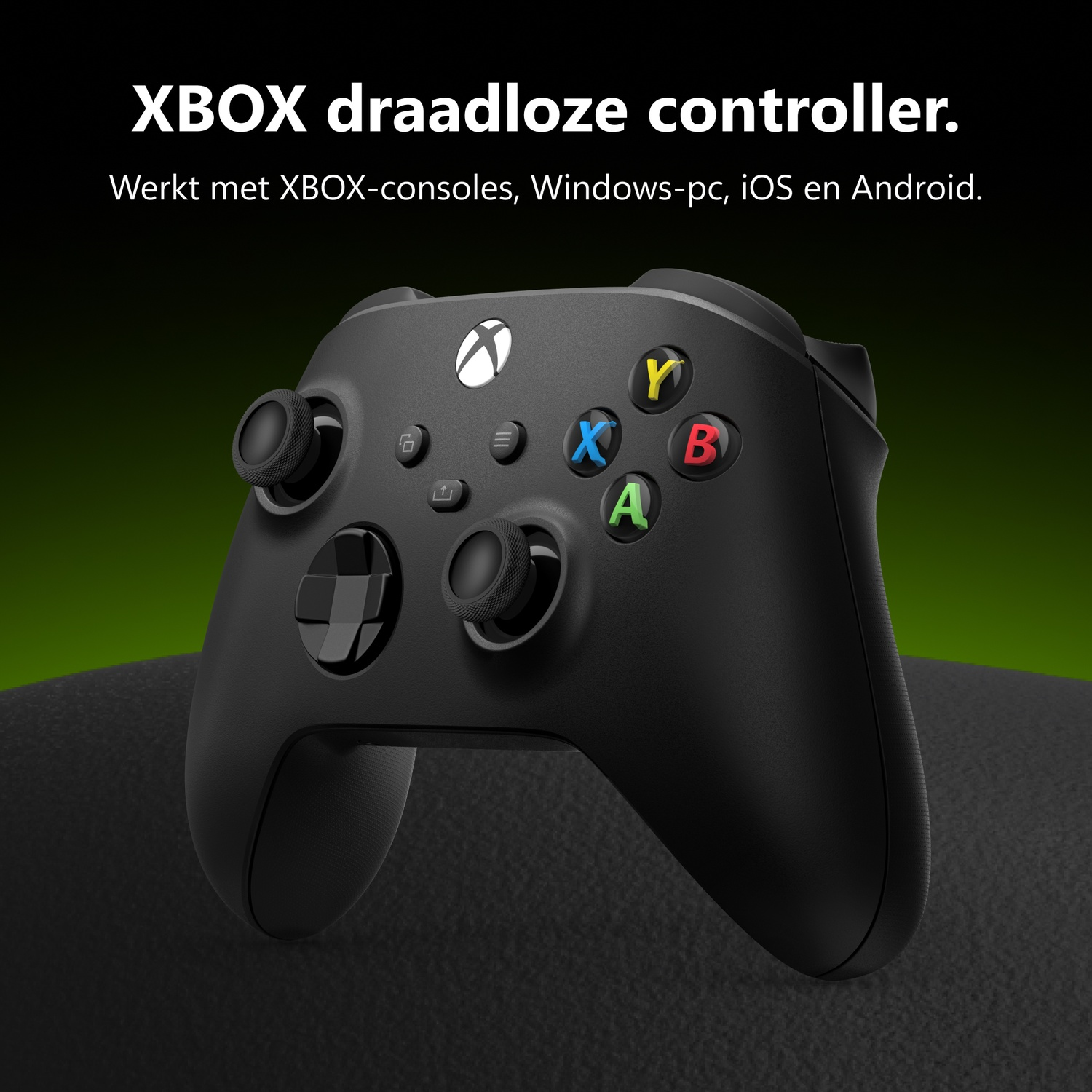 Black Xbox wireless controller on dark background with text above.