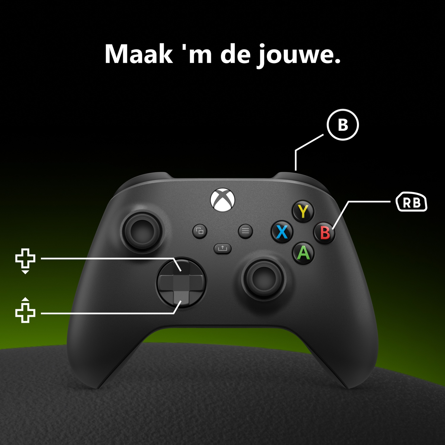 Black Xbox controller with labeled buttons on a dark background, showing text 'Maak 'm de jouw'.
