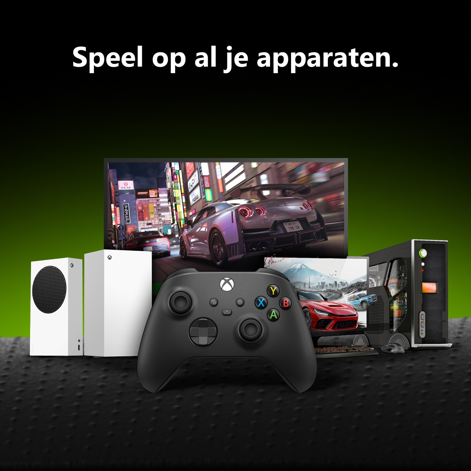An Xbox controller, two white consoles, a PC, and screens displaying racing games on a dark background.