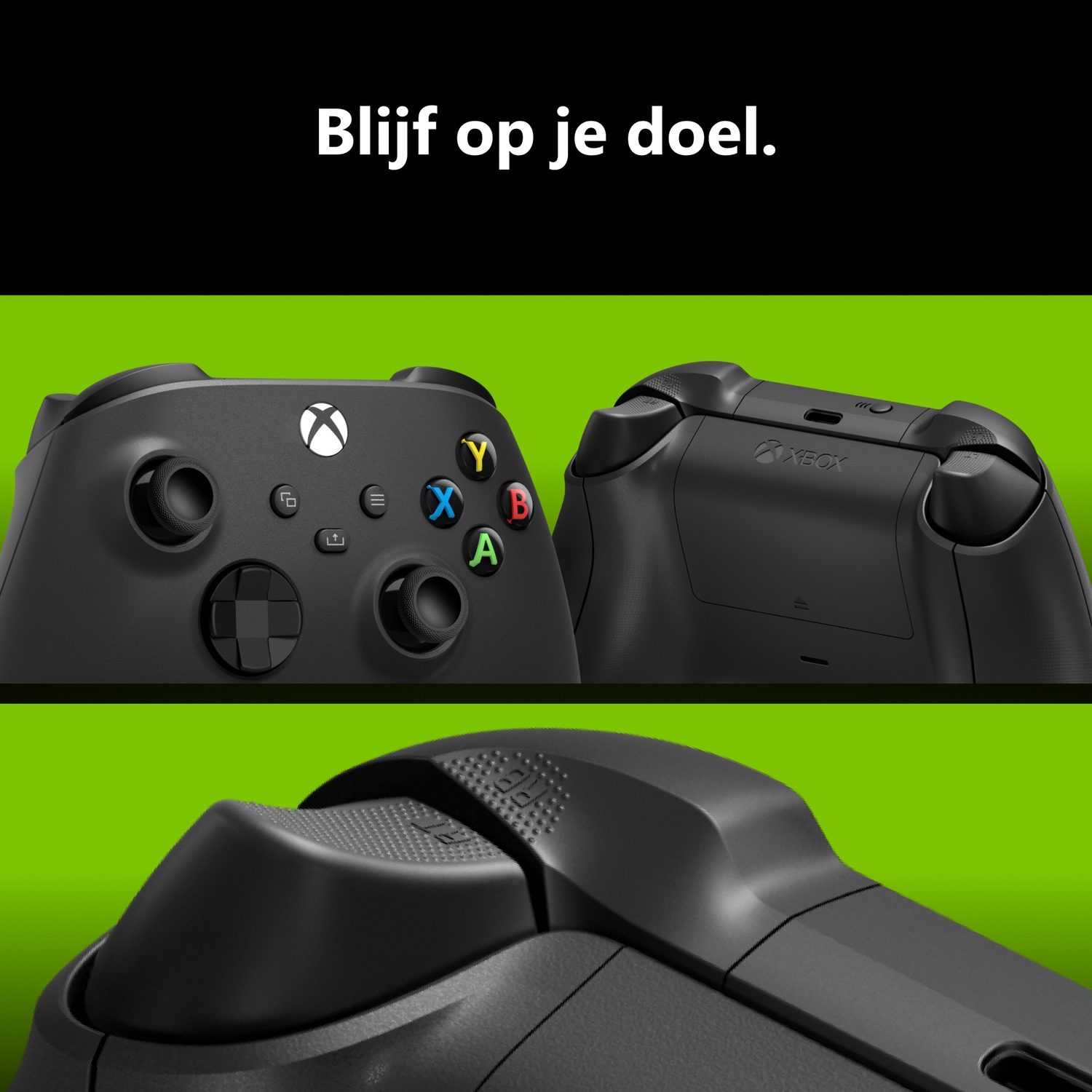 Three views of a black Xbox controller on a green background, with white text above.