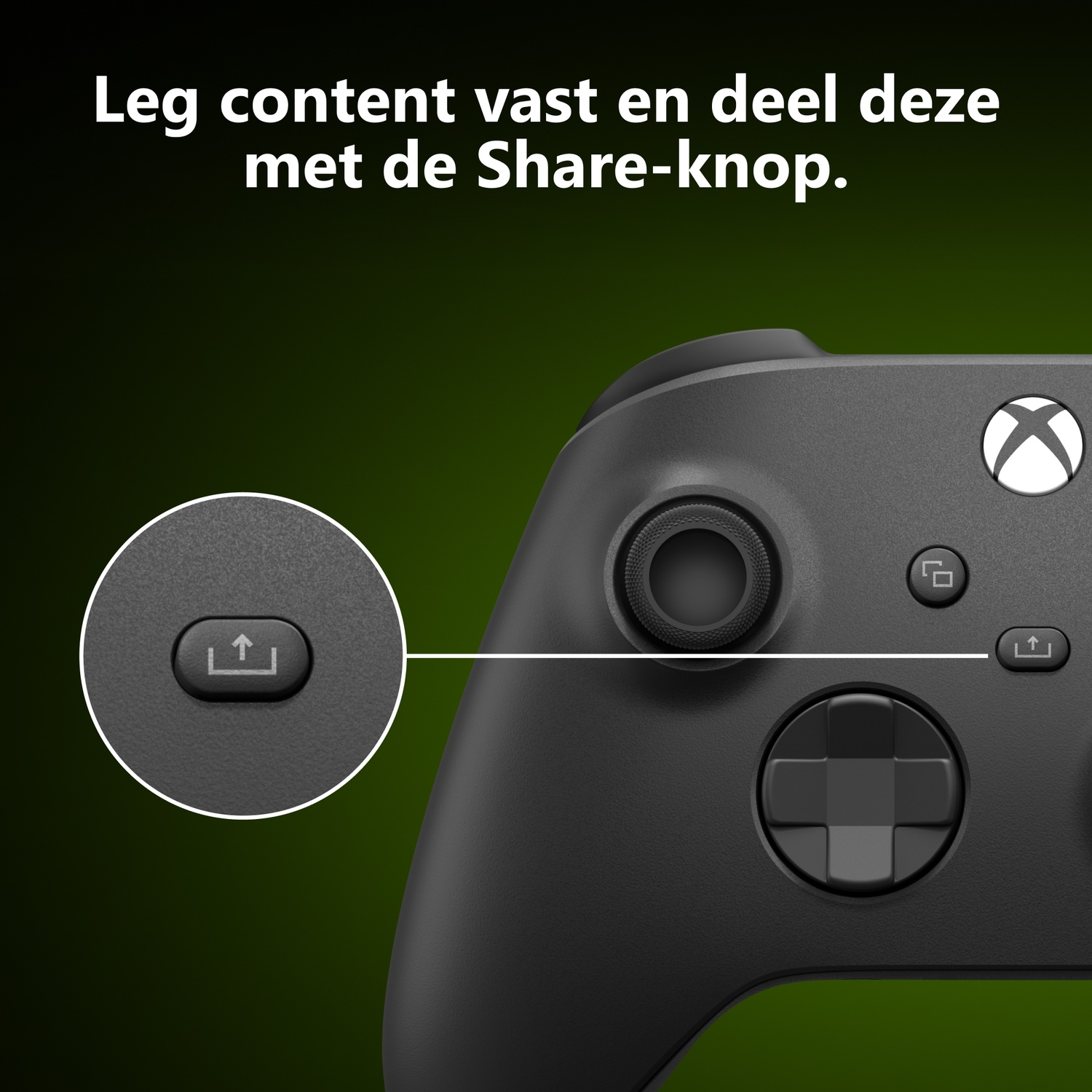 An Xbox controller showing the share button highlighted on a dark background.