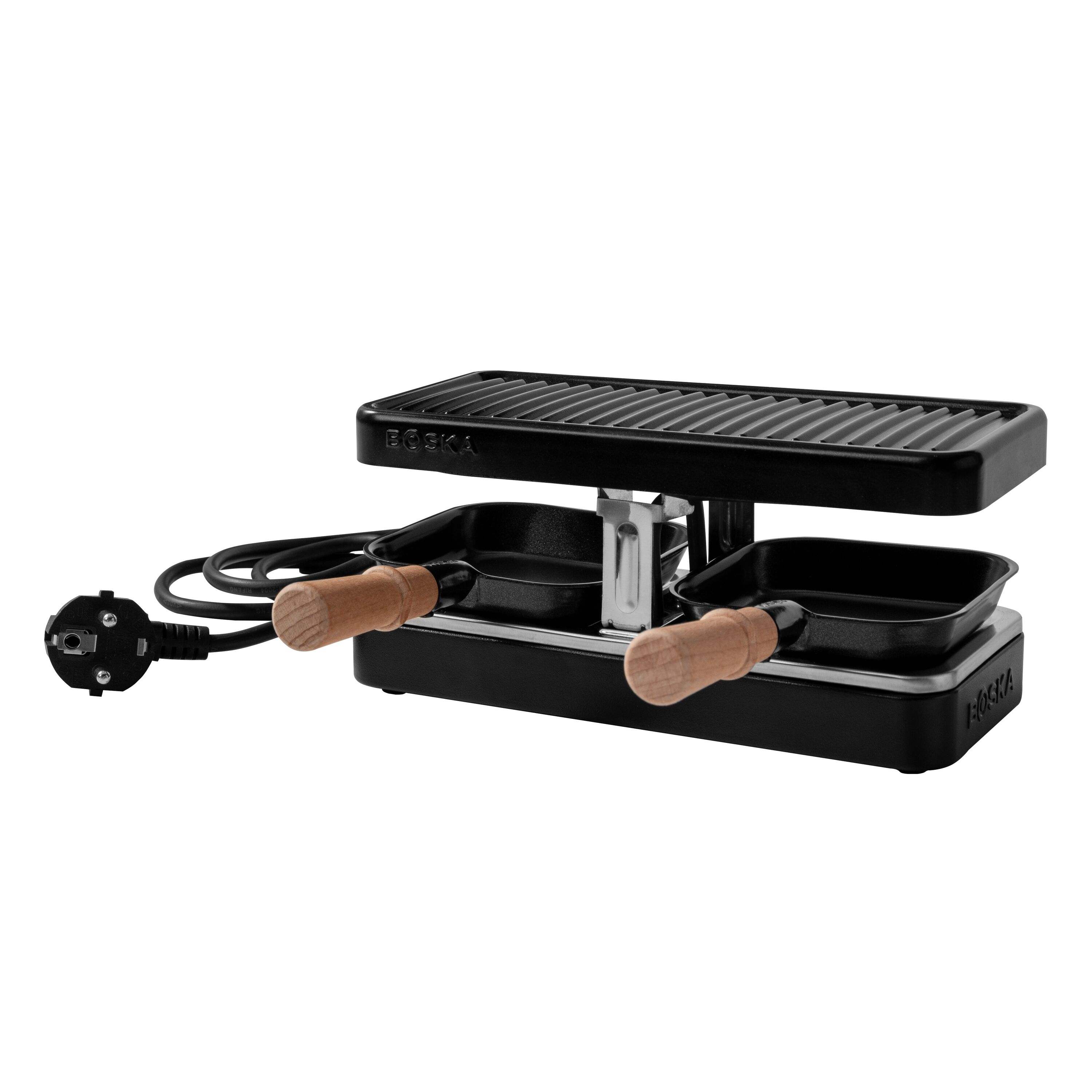 Ein schwarzer elektrischer Tischgrill mit zwei kleinen Pfännchen mit Holzgriffen und einem Stromkabel.
