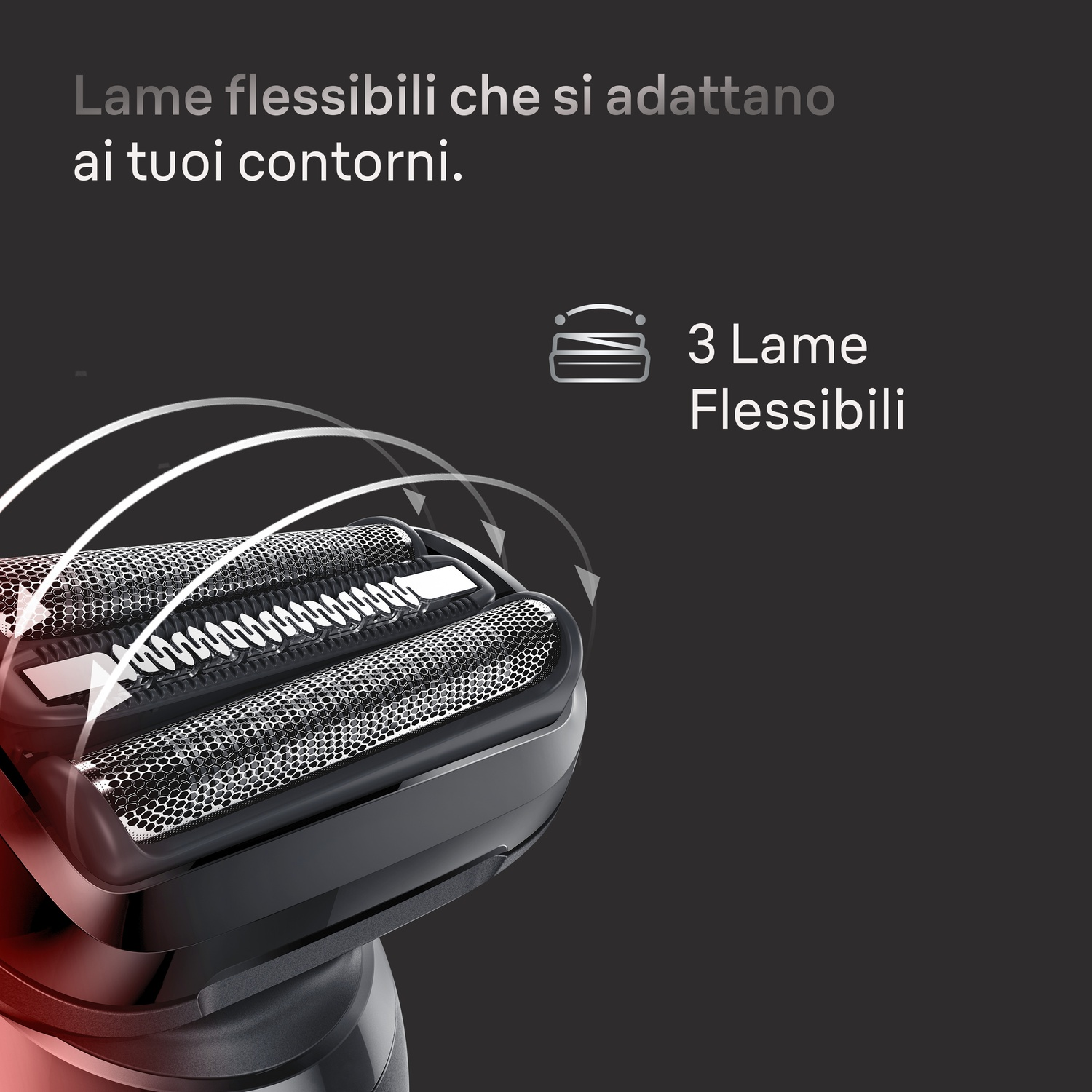 Testina di rasoio con tre lame flessibili e linee bianche curve su sfondo scuro.
