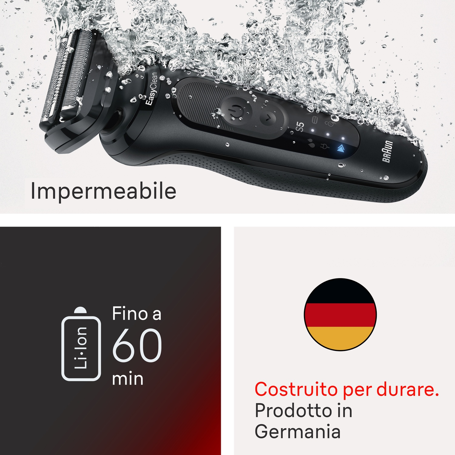 Rasoio impermeabile, batteria da 60 minuti, prodotto in Germania.