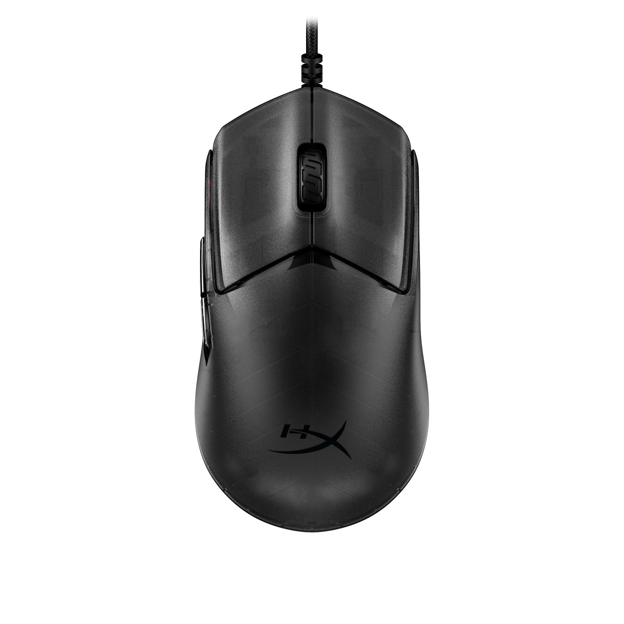 Eine schwarze HyperX-Gaming-Maus mit Kabel, Scrollrad und Logo auf weißem Hintergrund.