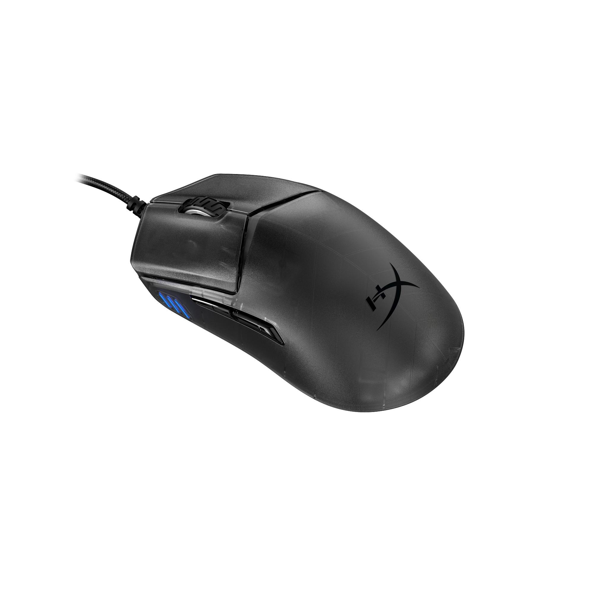 Schwarze kabellose Gaming-Maus mit blauer Beleuchtung und HyperX-Logo auf weißem Hintergrund.