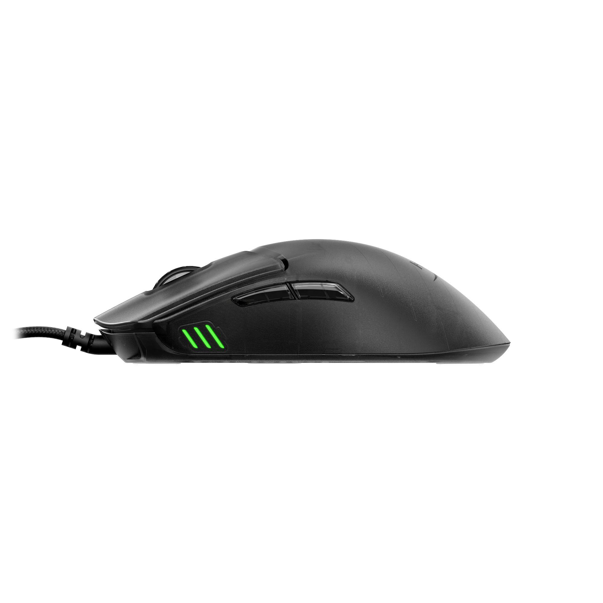 Seitenansicht einer schwarzen Gaming-Maus mit grünen LED-Leuchten auf weißem Hintergrund.
