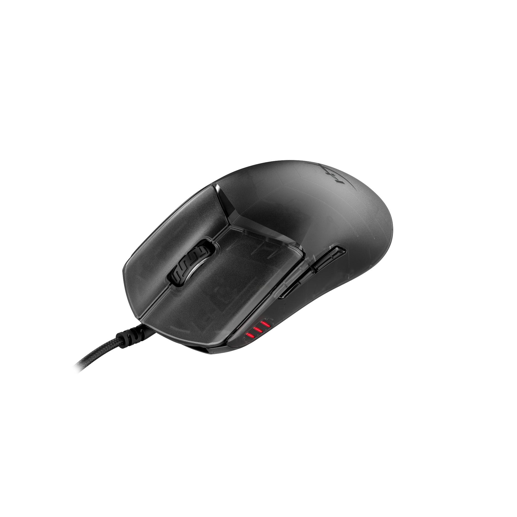 Schwarze, kabelgebundene Gaming-Maus mit roter LED-Beleuchtung auf weißem Hintergrund.