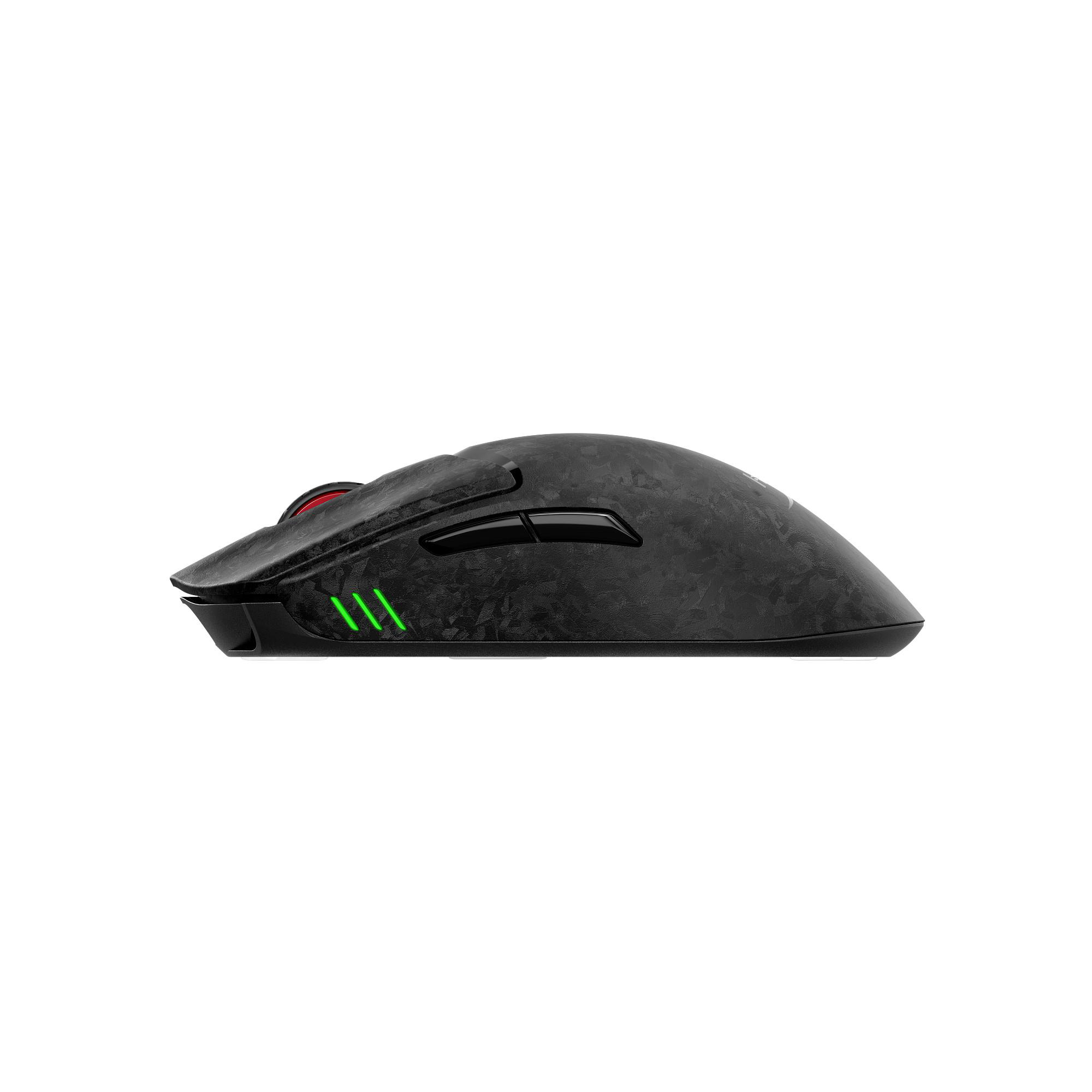 Schwarze Gaming-Maus mit Kohlefaser-Muster und grünen LED-Streifen.