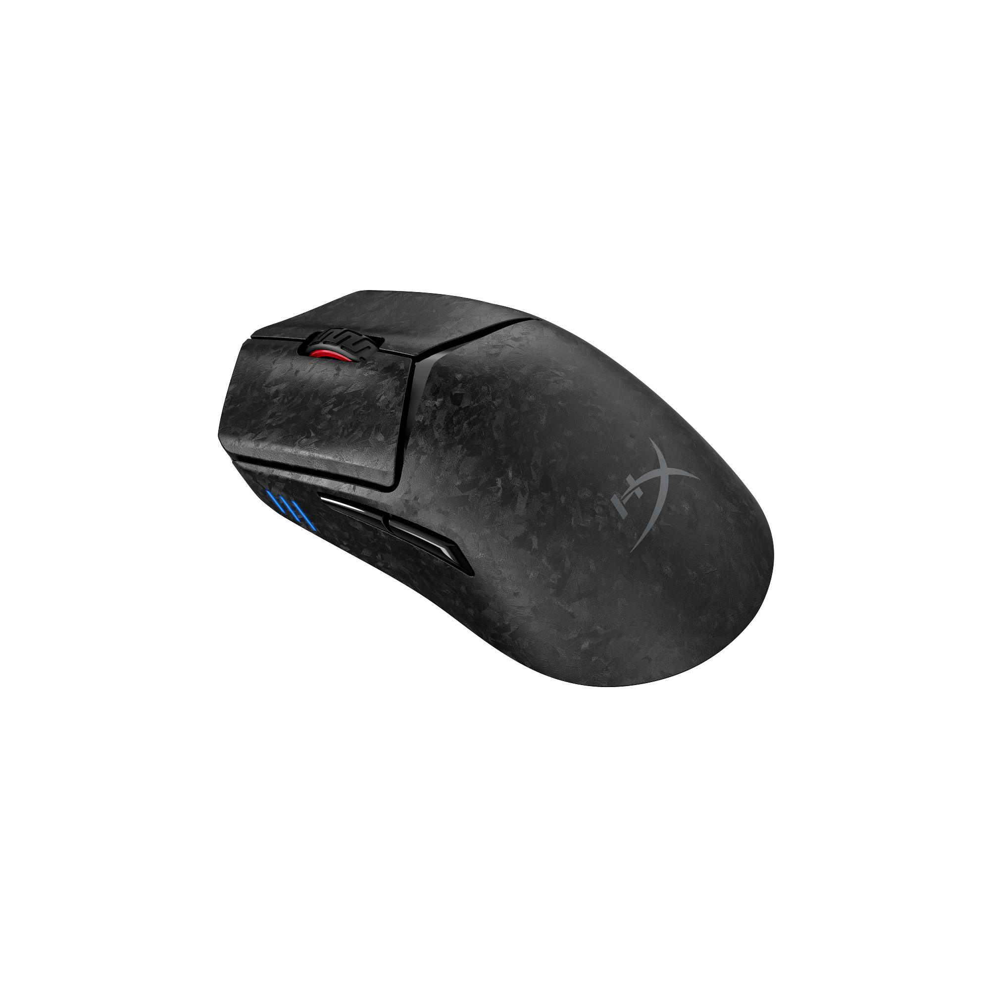 Eine schwarze kabellose Gaming-Maus mit marmoriertem Design auf weißem Hintergrund.