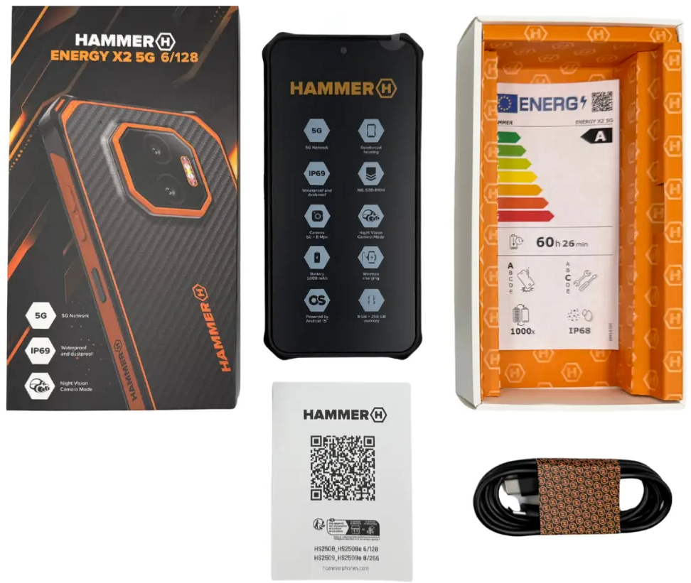 Hammer Energy X2 5G okostelefon dobozzal, töltőkábellel és dokumentációval.