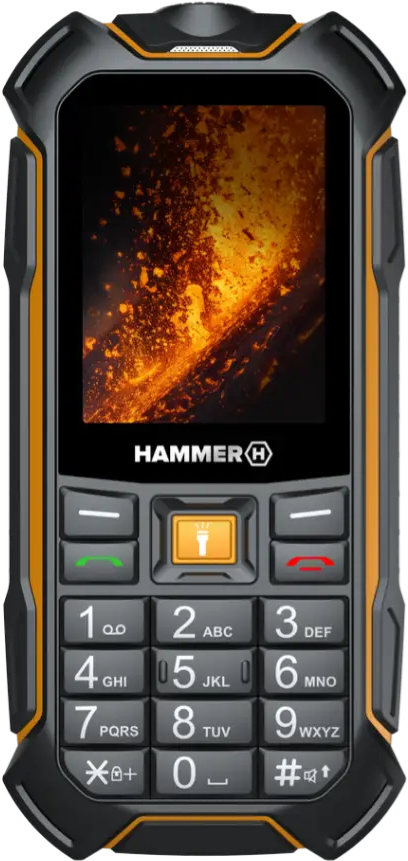 Strapabíró fekete és narancssárga Hammer gombos telefon kijelzővel és fizikai billentyűzettel.