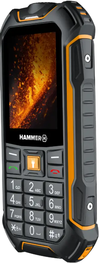 Fekete és narancssárga strapabíró nyomógombos telefon kijelzővel és billentyűzettel.