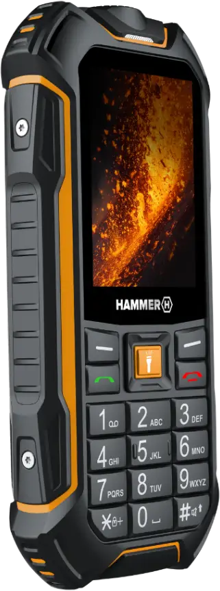 Strapabíró fekete és narancssárga Hammer gombos telefon képernyővel és fizikai billentyűzettel.