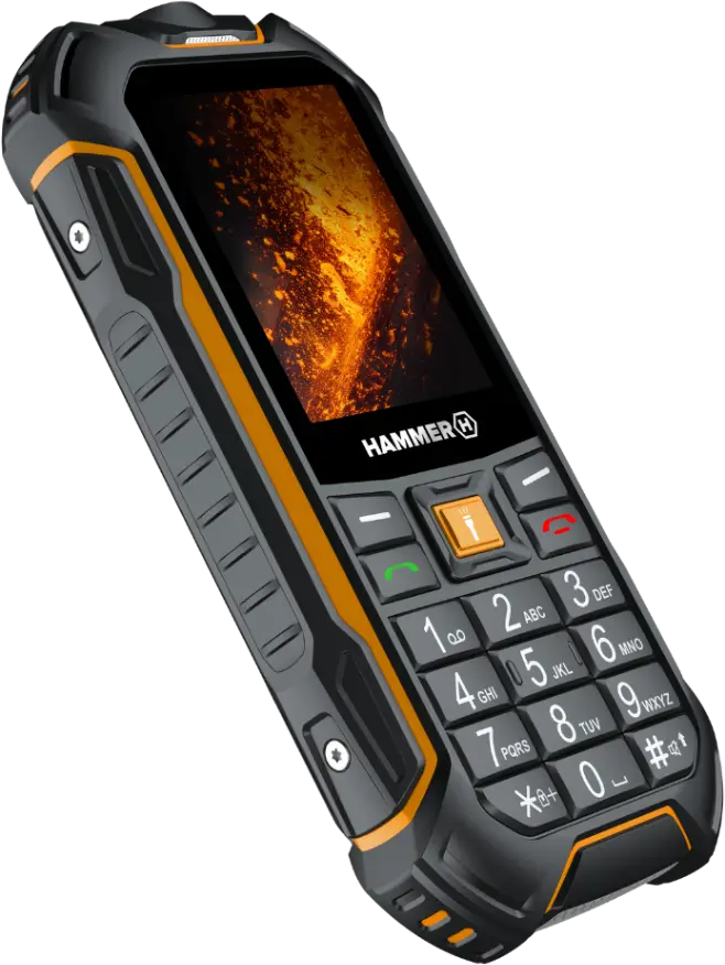 Egy masszív fekete-narancs Hammer gombos telefon fizikai billentyűzettel és lávamintás kijelzővel.