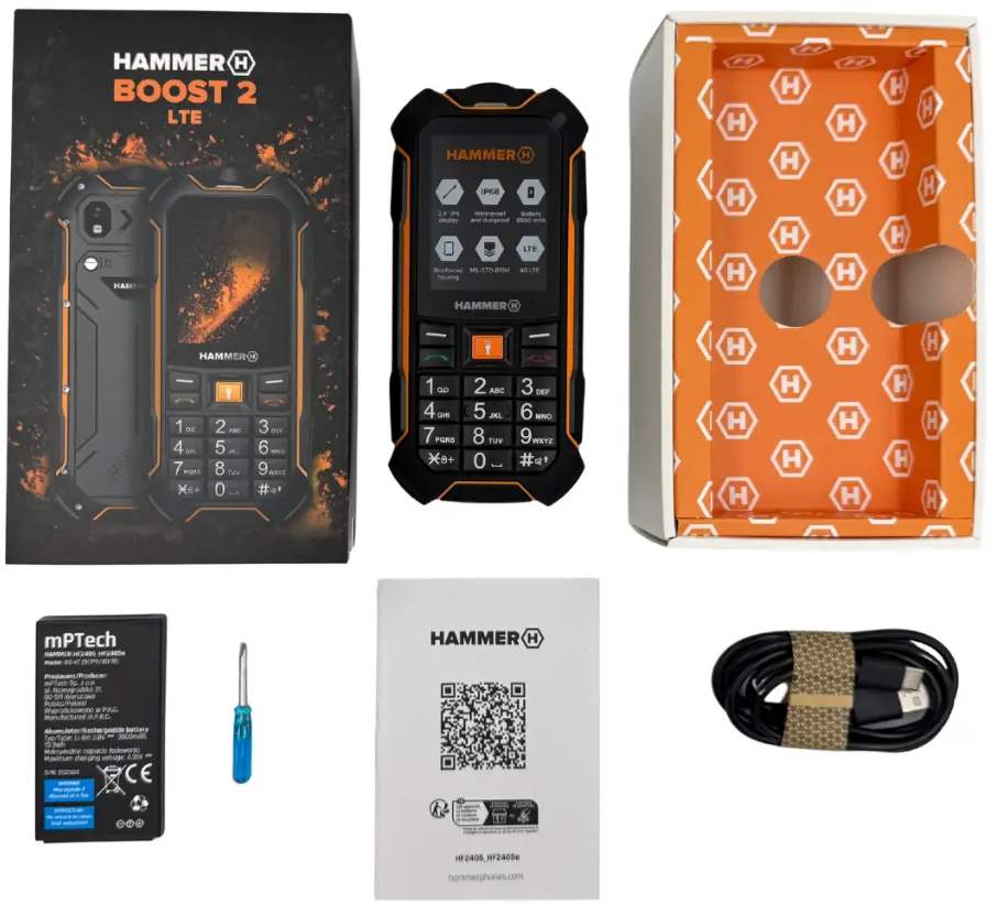 Hammer Boost 2 LTE telefon, doboz, akkumulator, csavarhuzo, kezikonyv es kabel.
